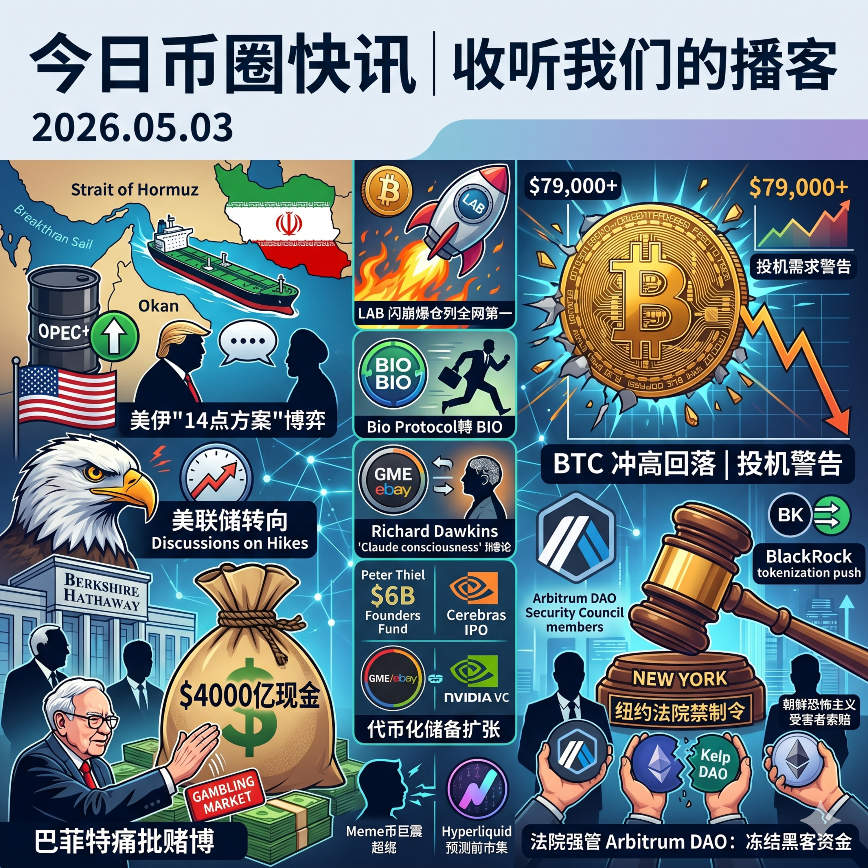 美伊“14点方案”博弈引发油市震荡！美联储再现加息讨论，伯克希尔坐拥4000亿现金痛批市场赌博，美法院强制Arbitrum冻结黑客资金，LAB闪崩爆仓列全网第一