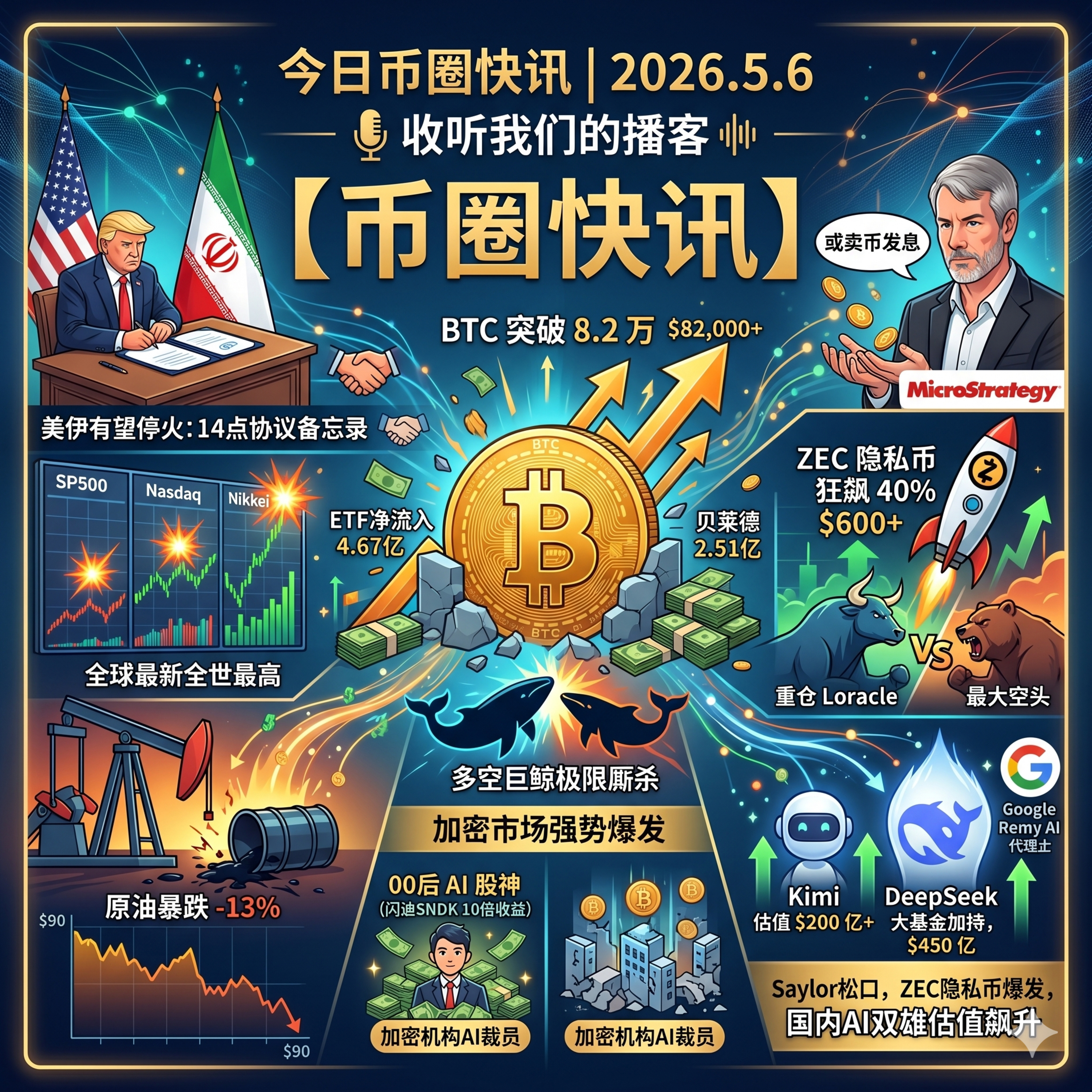美伊有望停火油价暴跌13%！BTC突破8.2万，Saylor首度松口或卖币发息，ZEC狂飙40%多空巨鲸极限厮杀，国内AI双雄估值暴涨 episode artwork