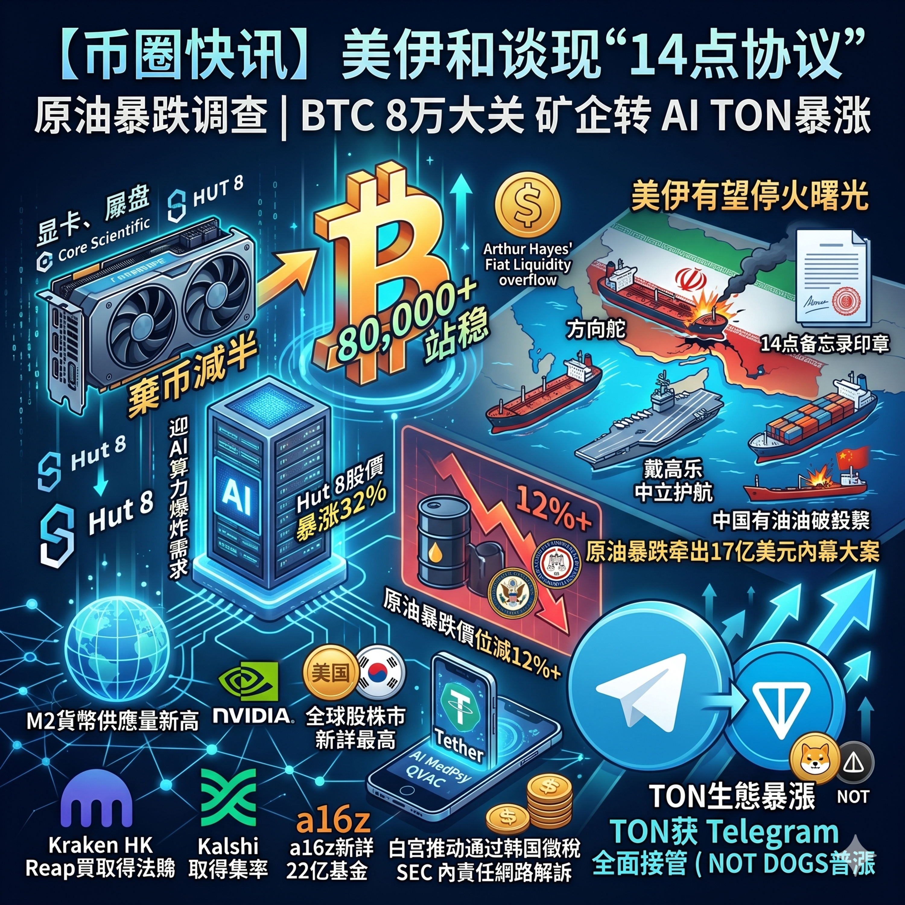 美伊和谈现“14点协议”，原油暴跌牵出17亿美元内幕大案！BTC站稳8万大关，矿企疯狂倒戈AI赛道，TON获Telegram全面接管暴涨70% episode artwork