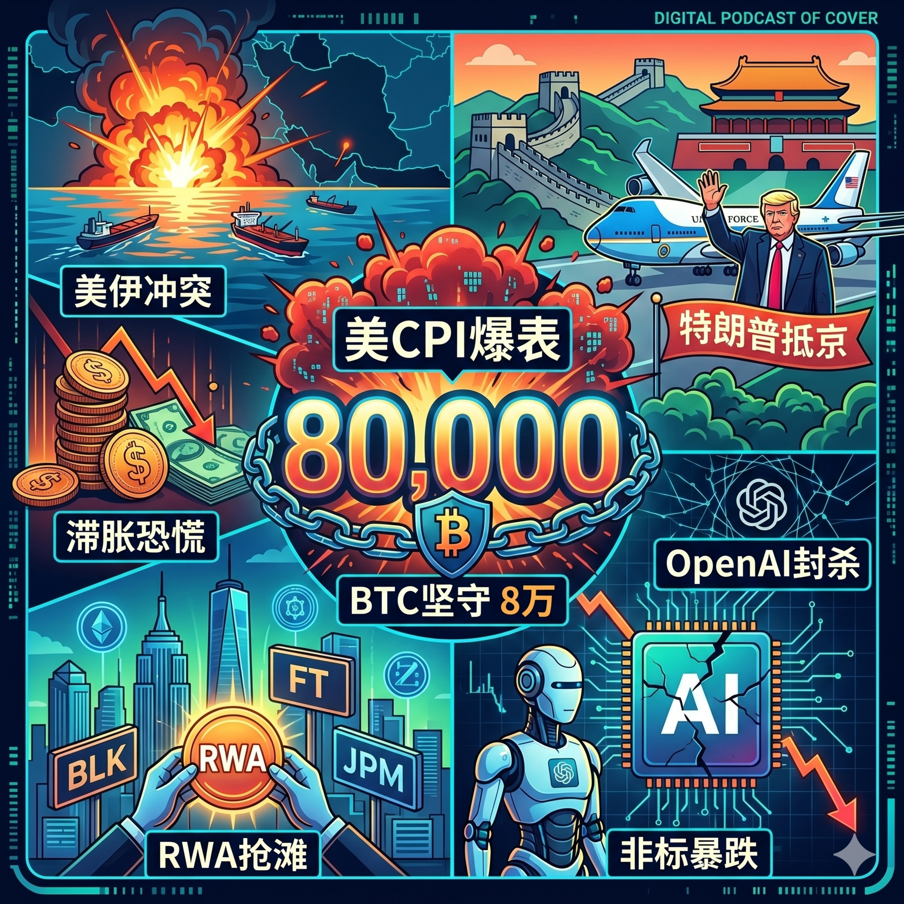 美CPI爆表重燃滞胀恐慌！BTC坚守8万大关，美伊战火胶着特朗普抵达北京，华尔街三巨头抢滩RWA，OpenAI封杀老鼠仓带崩非标估值 episode artwork
