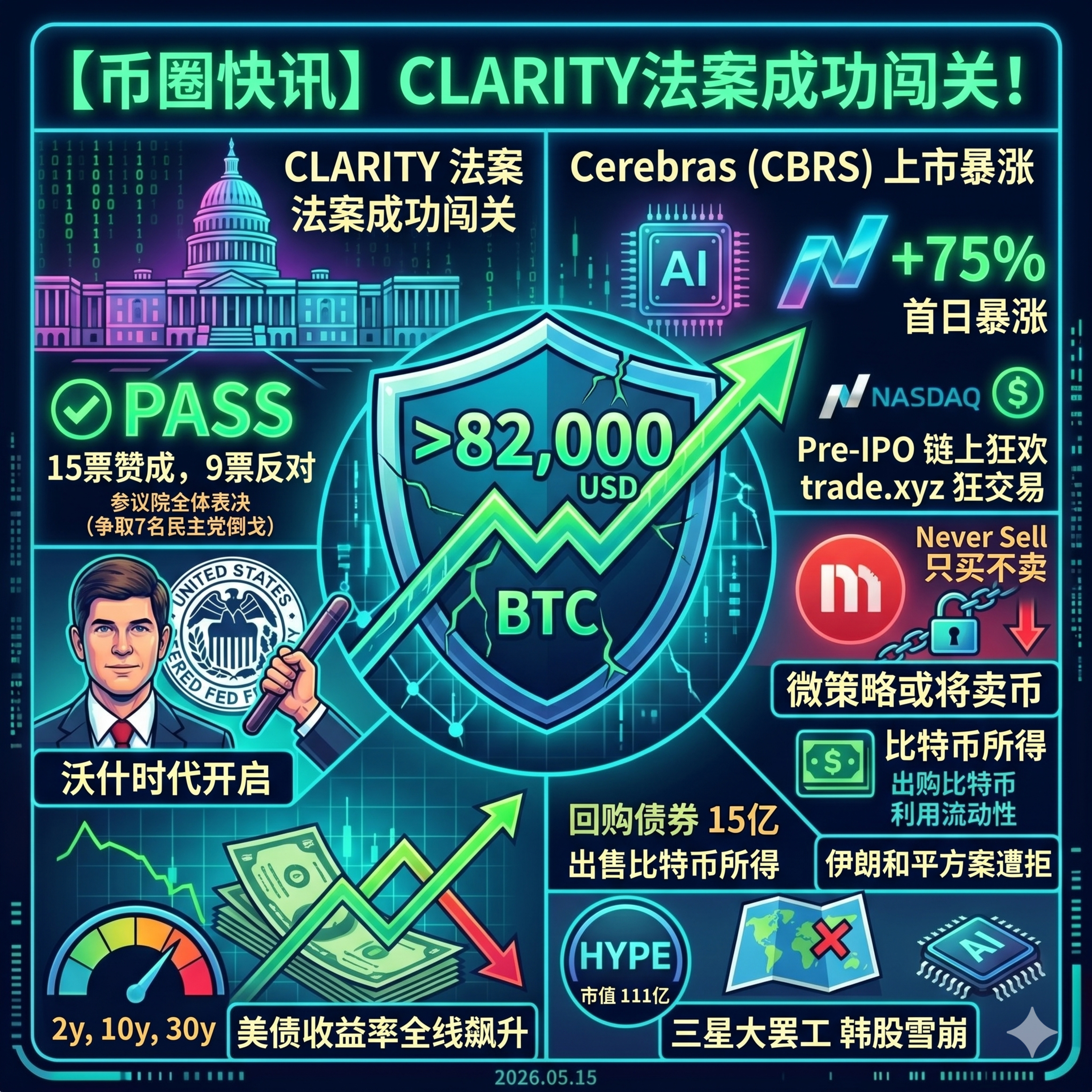 CLARITY法案闯关成功！BTC突破8.2万，沃什接替美联储引爆债市，微策略或卖币回购债券，Cerebras上市暴涨带动链上狂欢，伊朗和平方案遭拒 episode artwork