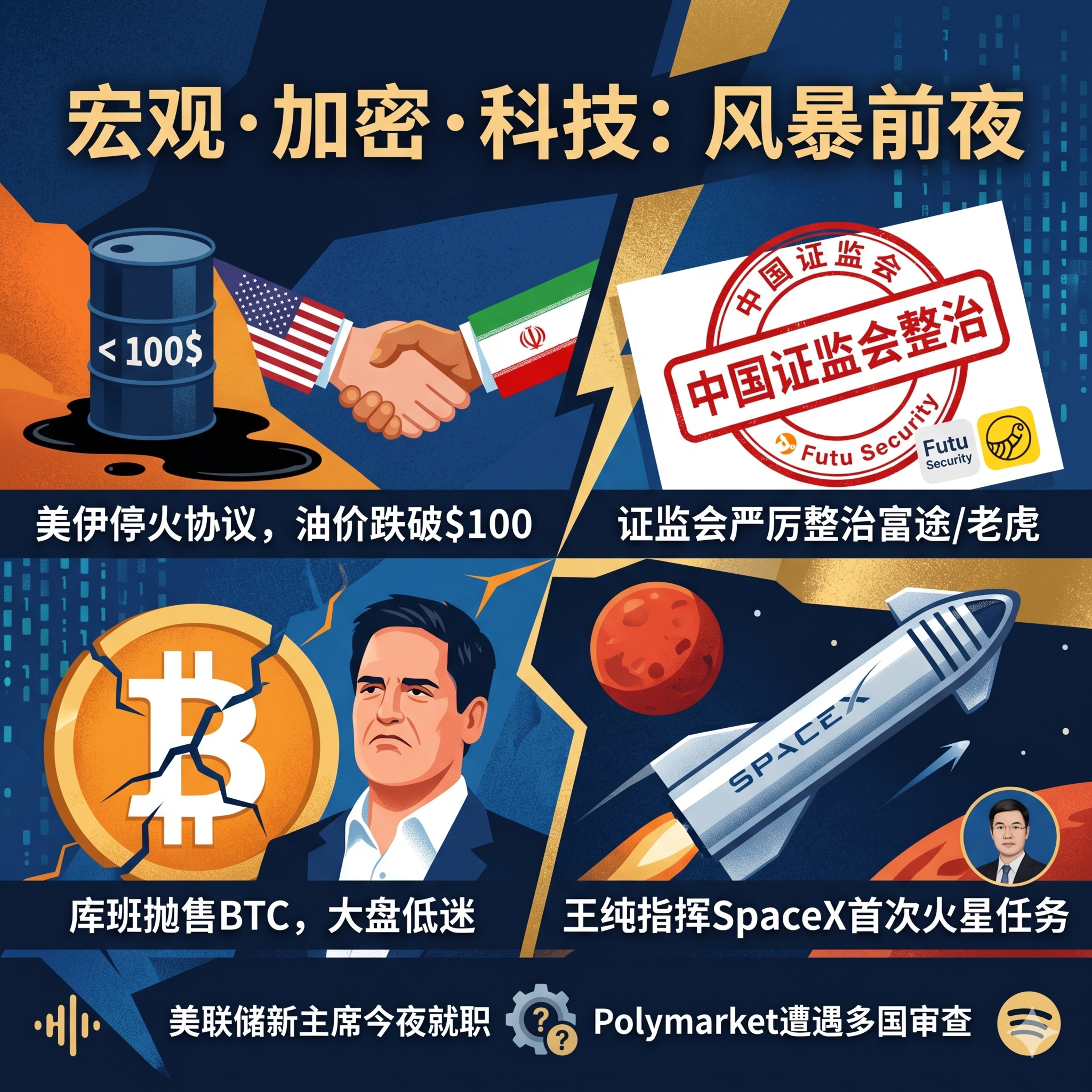 美伊草案曝光原油跌破百元！沃什今夜就职美联储，证监会重拳血洗富途老虎，马克·库班抛售BTC，HYPE创历史新高空头惨遭血洗，F2Pool联创将指挥SpaceX飞掠火星 episode artwork