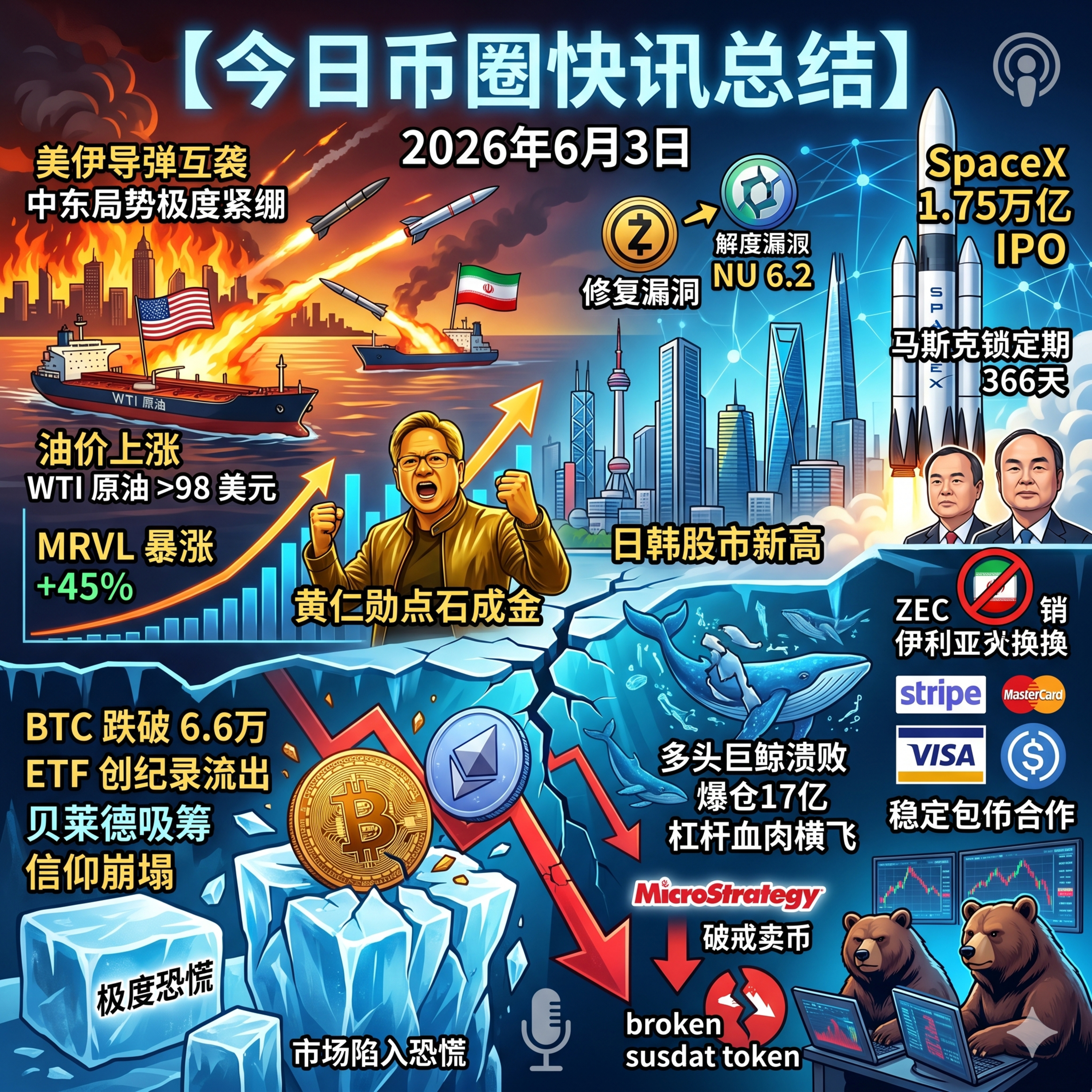 全网爆仓17亿BTC跌破6.6万！美伊导弹互飞和谈陷僵局，微策略卖币余震引发89亿浮亏对比，SpaceX 1.75万亿史诗级IPO，黄仁勋喊单MRVL暴涨，支付巨头联手入局稳定币 episode artwork