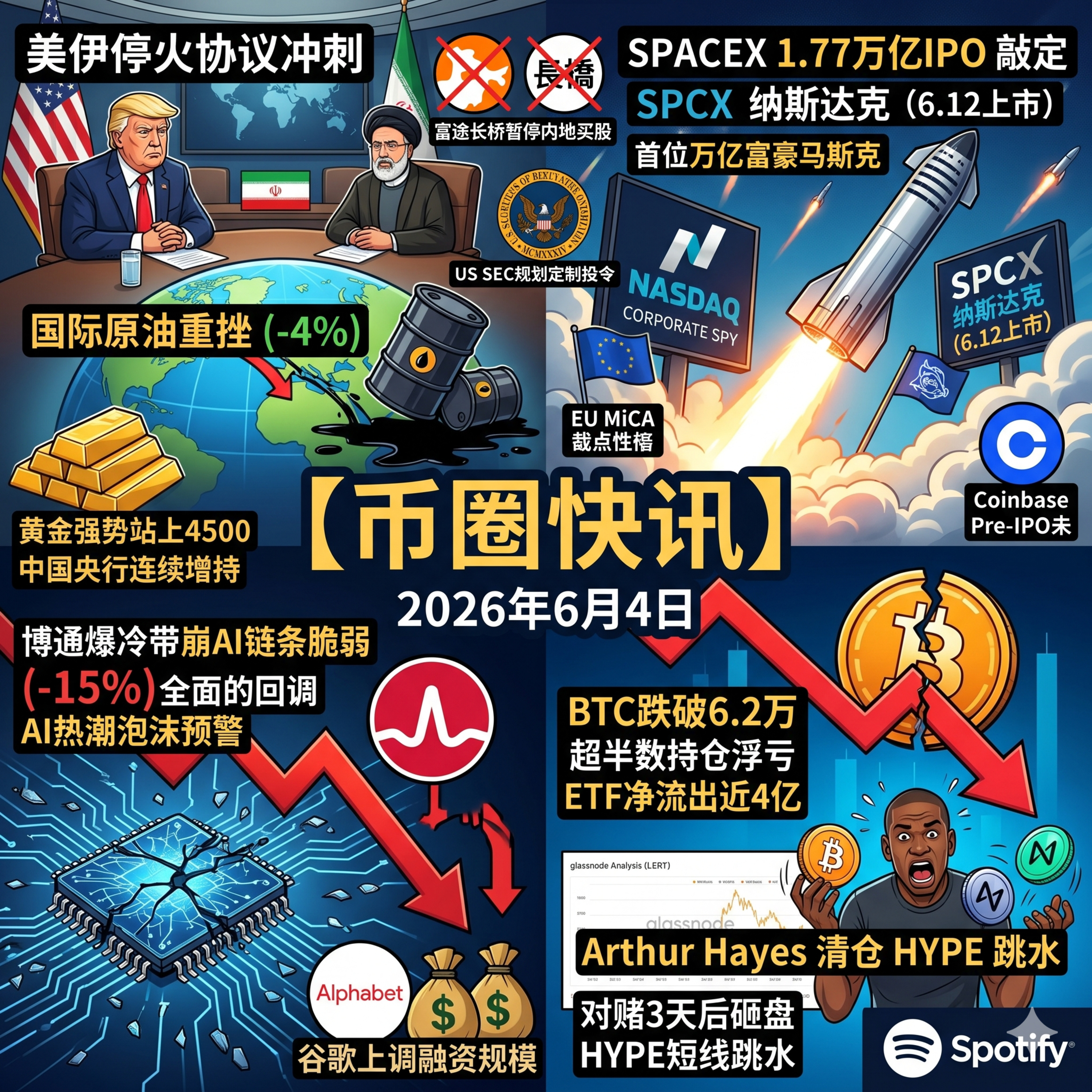 博通爆冷带崩AI大盘！BTC跌破6.2万超半数持仓浮亏，SpaceX 1.77万亿IPO敲定，Arthur Hayes对赌后清仓HYPE，富途长桥暂停内地买股，美国审慎推进战略储币 episode artwork