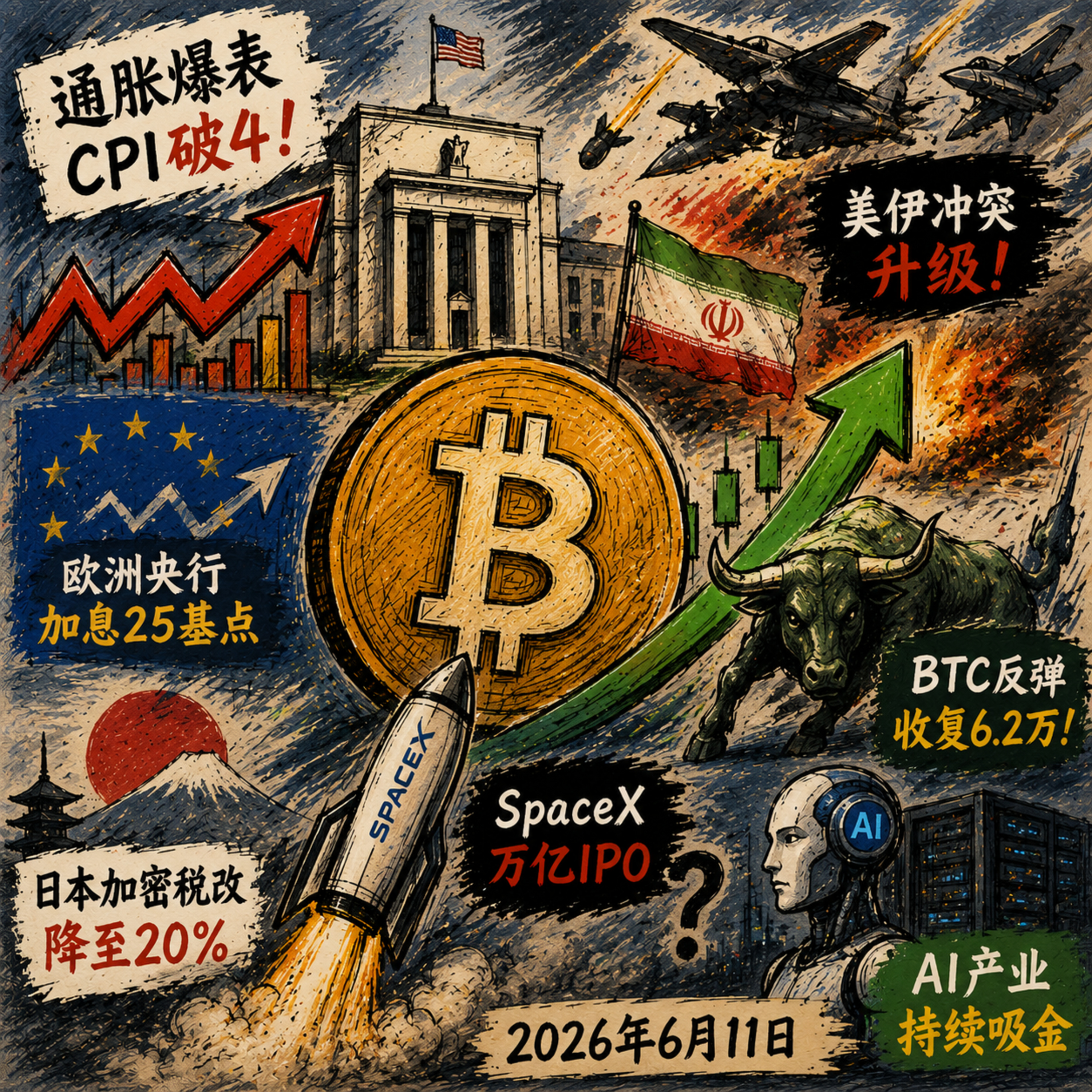 美国CPI破4欧洲央行率先加息！美军连炸伊朗，甲骨文AI支出压垮股价，SpaceX万亿IPO遭议员阻击，BTC收复6.2万巨鲸爆赚，日本拟降加密税至20% episode artwork