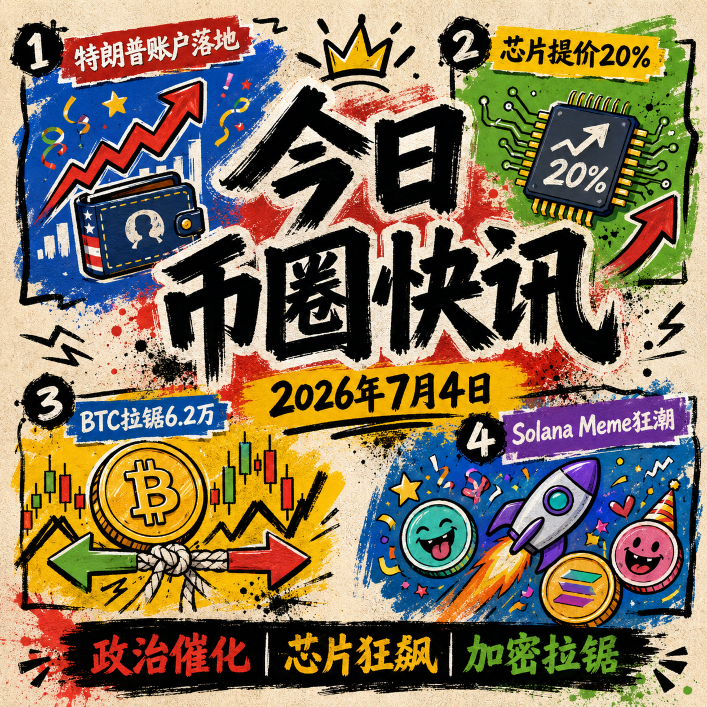 美国250周年庆典“特朗普账户”落地！美联储9月加息警报拉响，SBF无缘首批特赦，存储芯片迎暴涨潮，BTC坚守6.2万空头巨鲸血亏千万，Solana活跃登顶引爆Meme episode artwork
