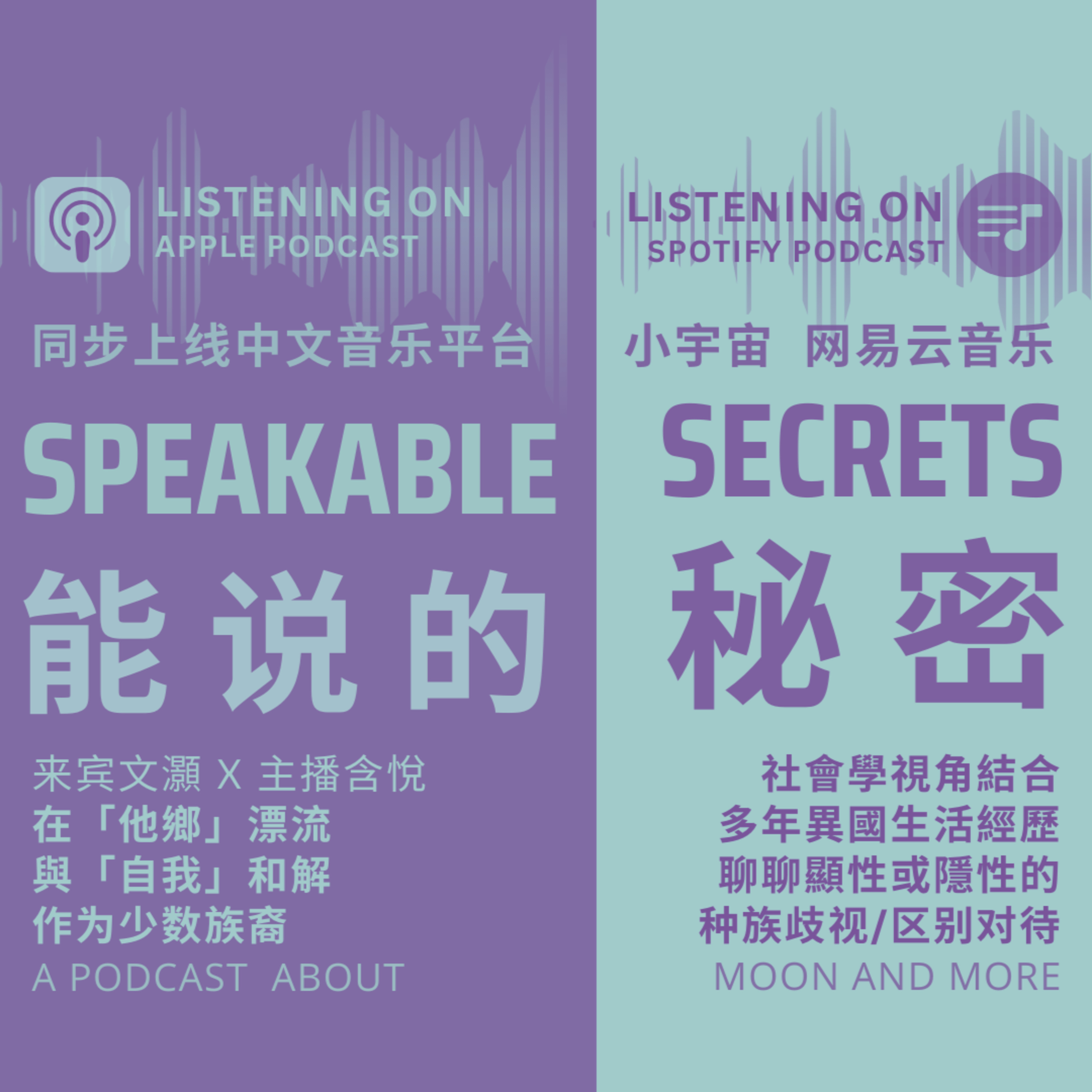 中文播客「能說的秘密」在他鄉漂流，與自我和解 (文灝 x 含悅)：社會學視角結合多年異國生活經歷，聊聊身為「少數族裔/外來者」的我們在他鄉所親歷的顯性或隱性的「種族歧視/區別對待」。 episode artwork