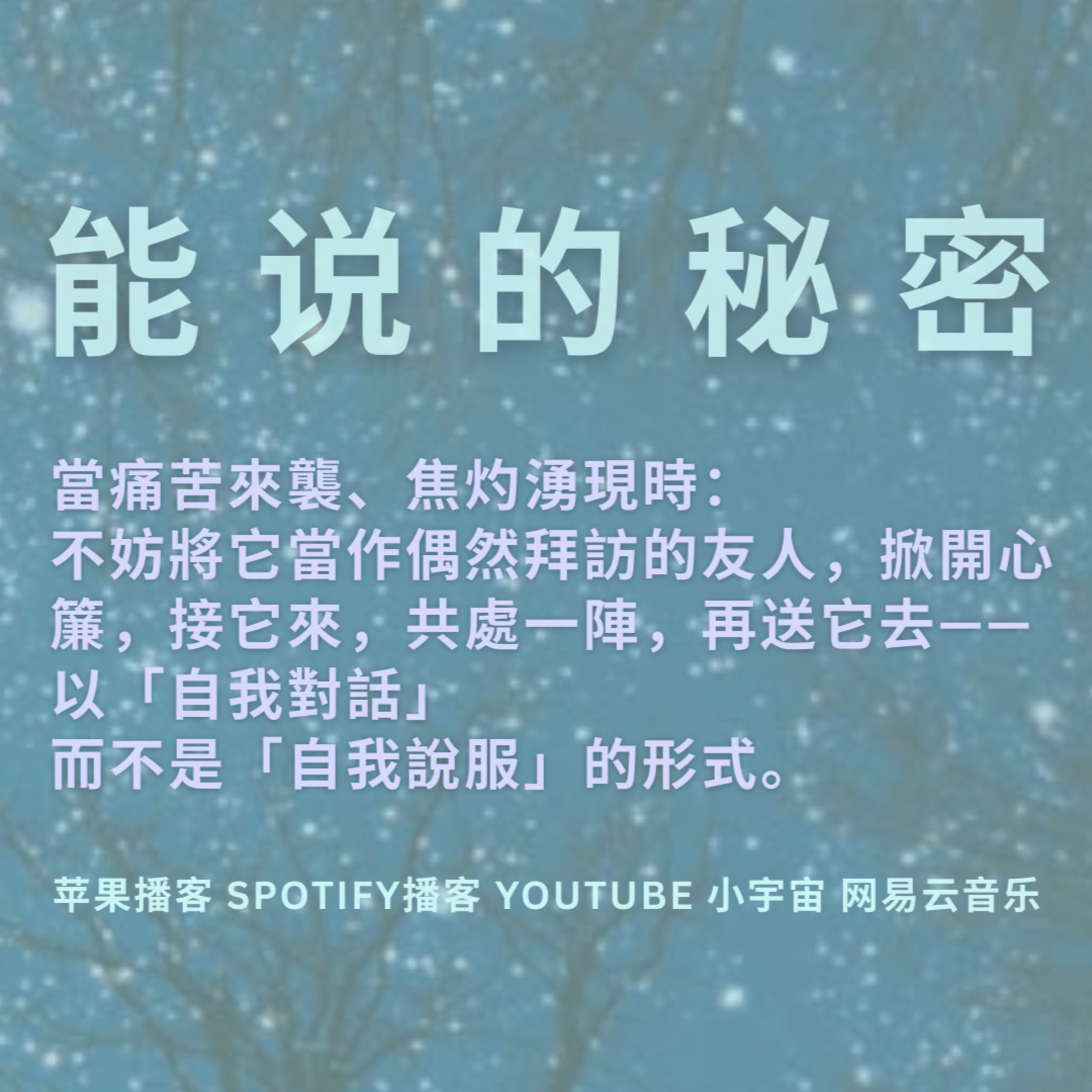 當痛苦來臨、焦灼湧現時，不妨將它當作偶然拜訪的友人，掀開心簾，接它來，共處一陣，再送它去——以「自我對話」而不是「自我說服」的形式。 episode artwork