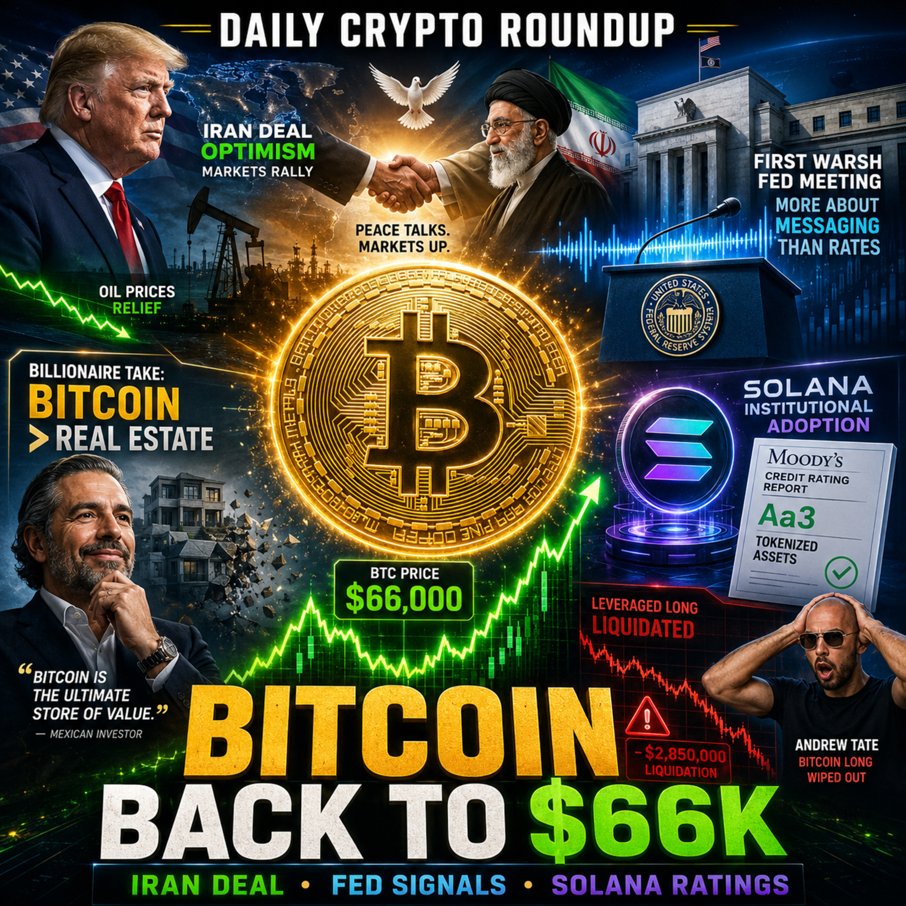 Daily Crypto Roundup: Bitcoin Back to $66K as Trump Iran Deal, Fed Signals and Solana Ratings Shake Crypto