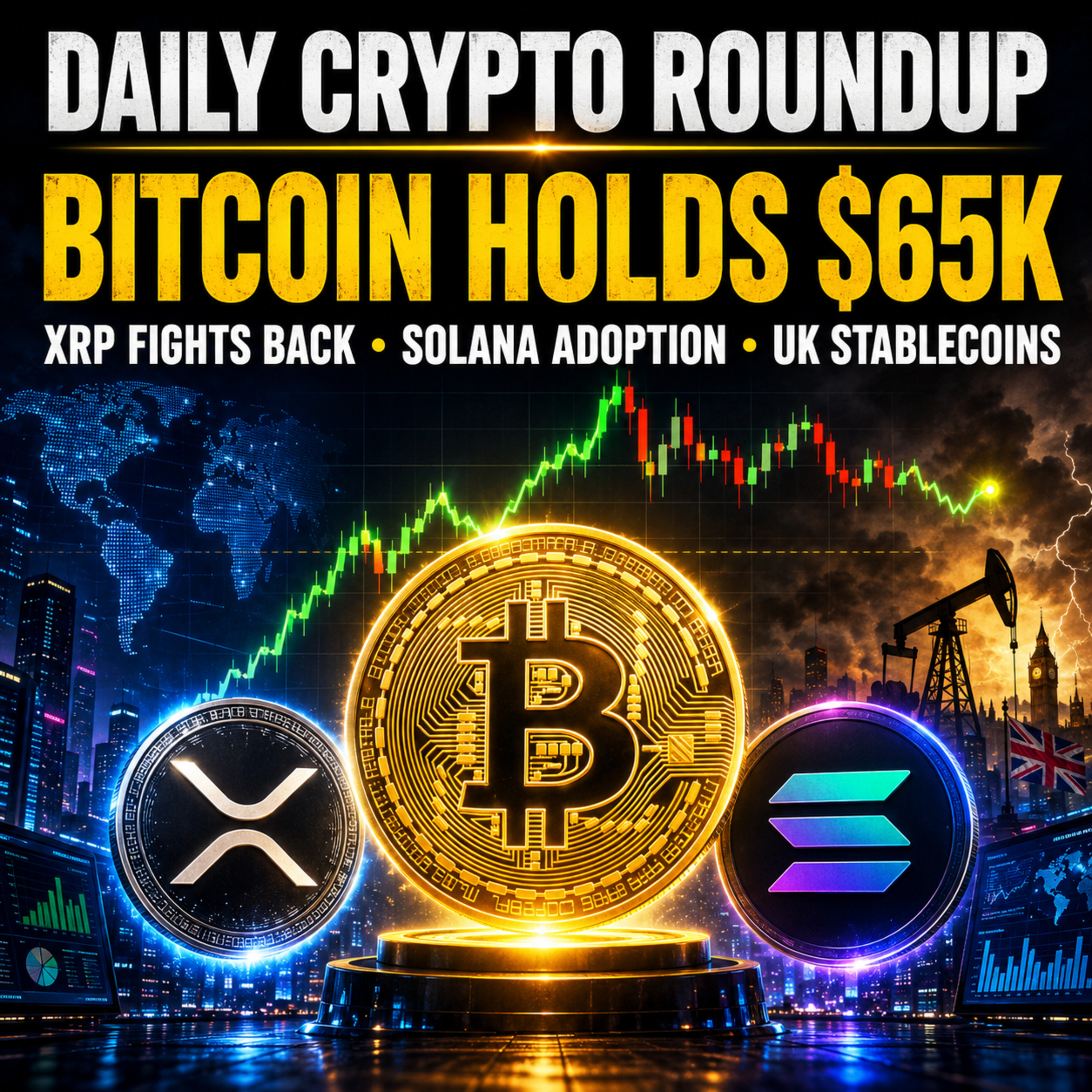 Daily Crypto Roundup: Bitcoin Holds $65K As XRP Fights Back, Solana Adoption Grows & UK Stablecoin Rules Shift