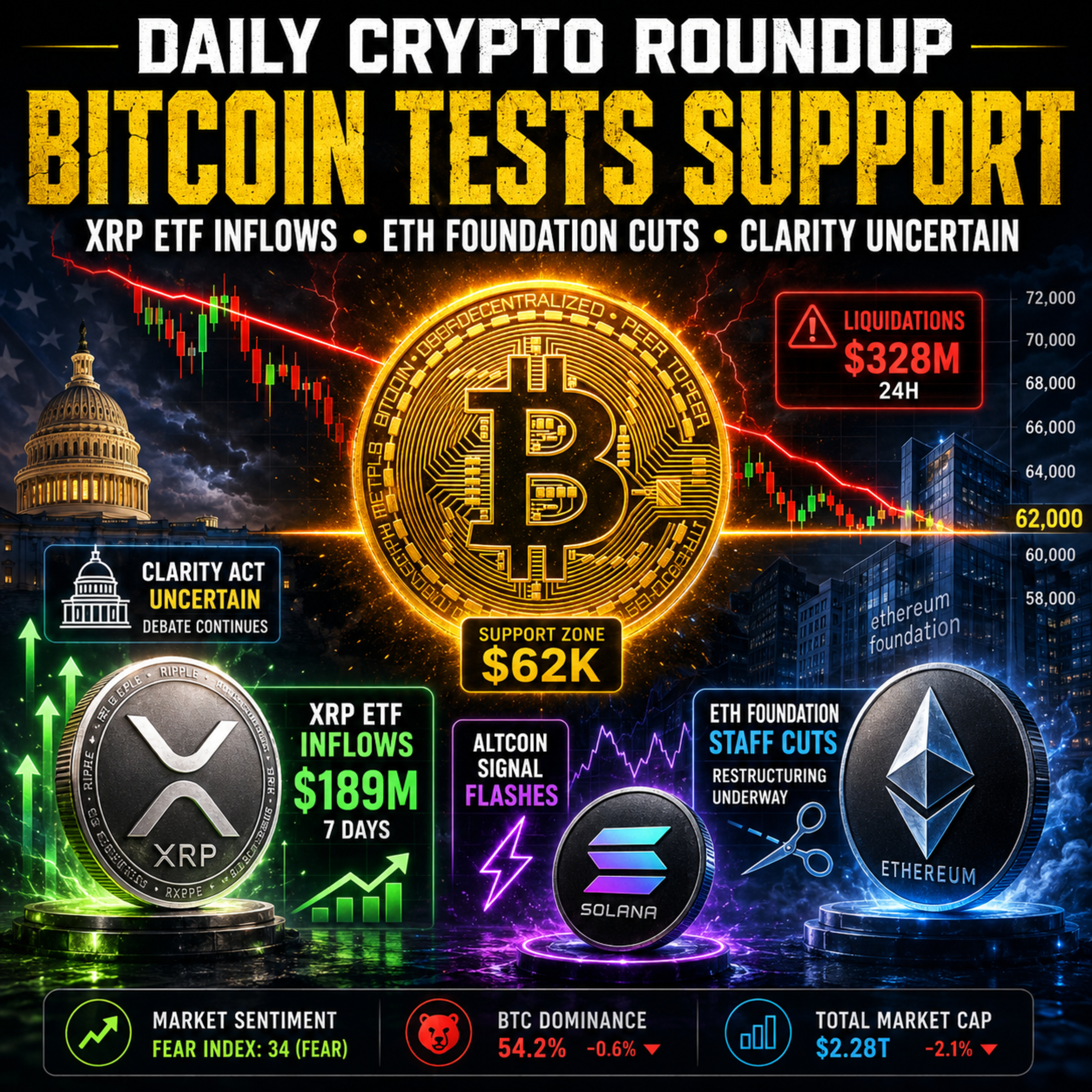 Daily Crypto Roundup: Bitcoin Tests $62K Support As XRP ETF Inflows Rise & Ethereum Foundation Cuts Staff