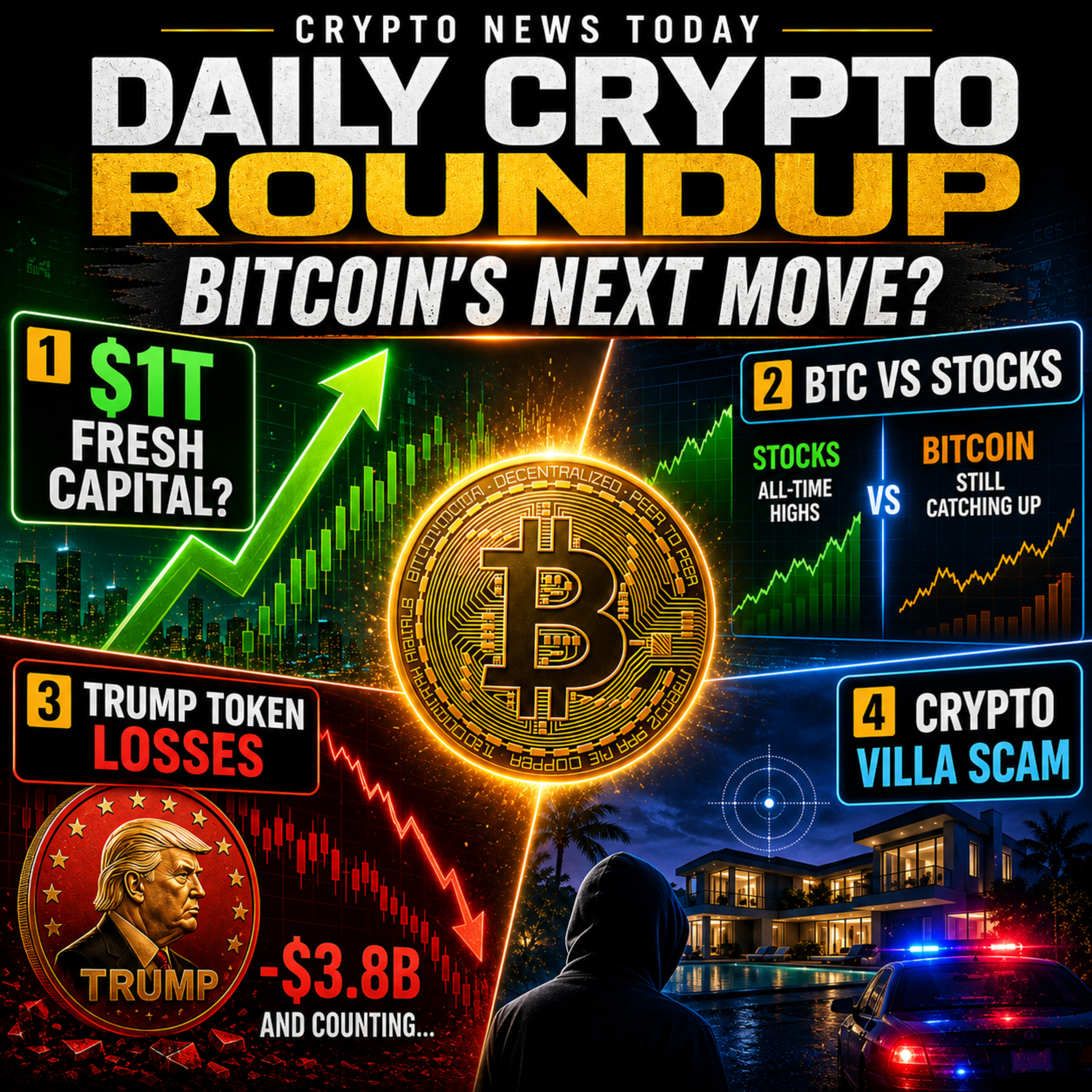 Daily Crypto Roundup: Bitcoin’s $1 Trillion Question, Trump Token Losses & Crypto Villa Scam