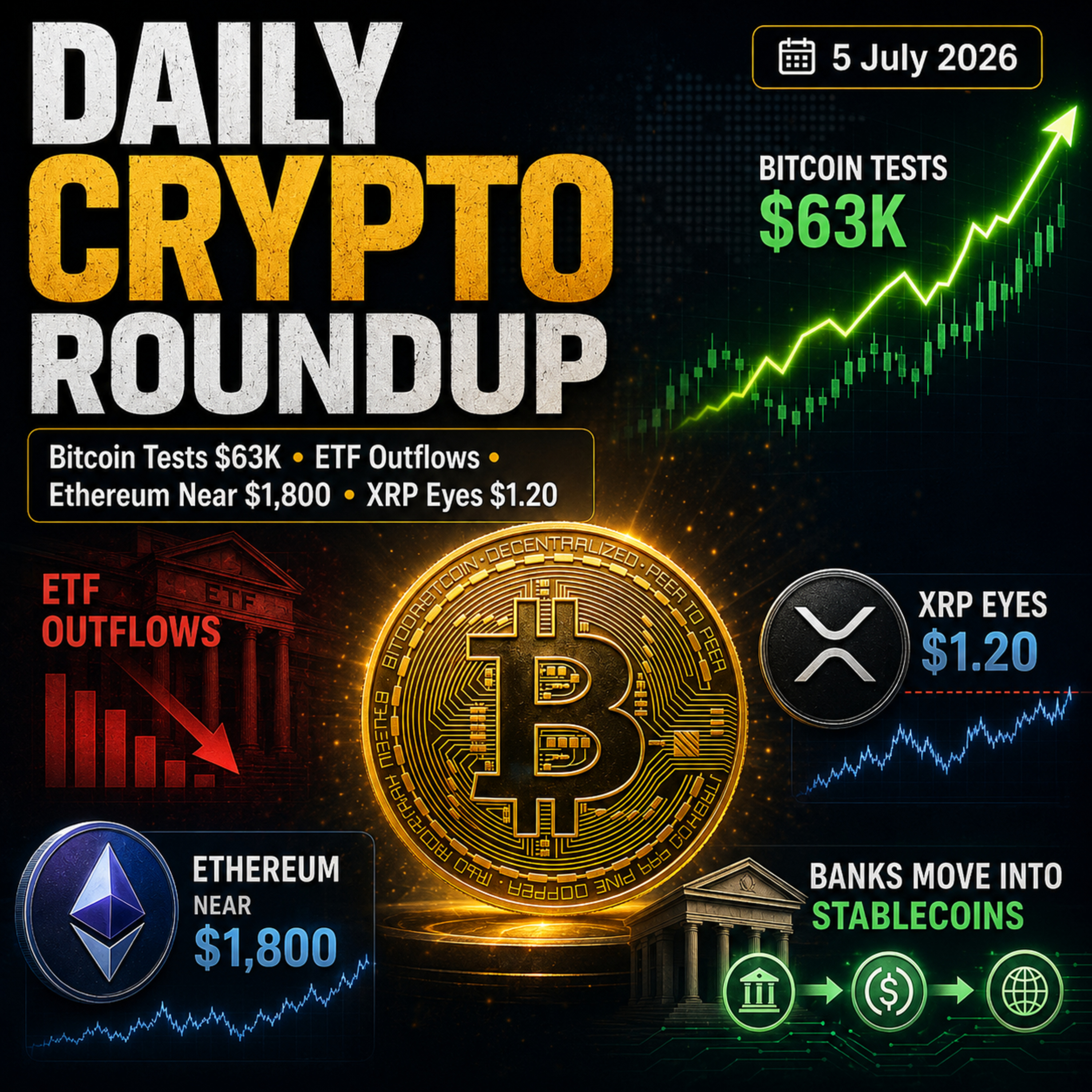 Daily Crypto Roundup: Bitcoin Tests $63K, ETF Outflows Continue, XRP Eyes $1.20 & Banks Move Into Stablecoins