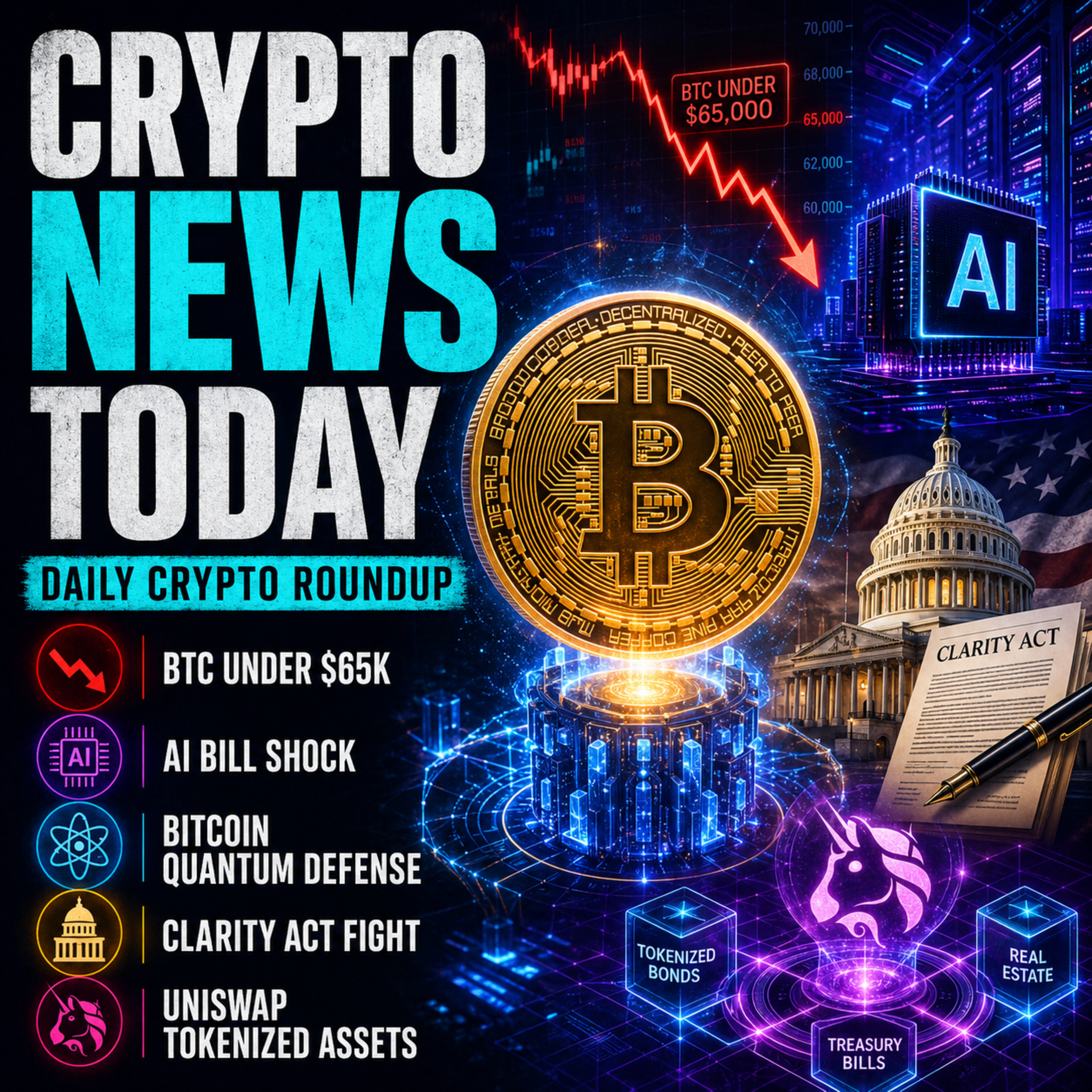 Daily Crypto Roundup: Bitcoin Falls Below $65K as AI Stocks Crash — Clarity Act, Quantum Threat and Uniswap Tokenization