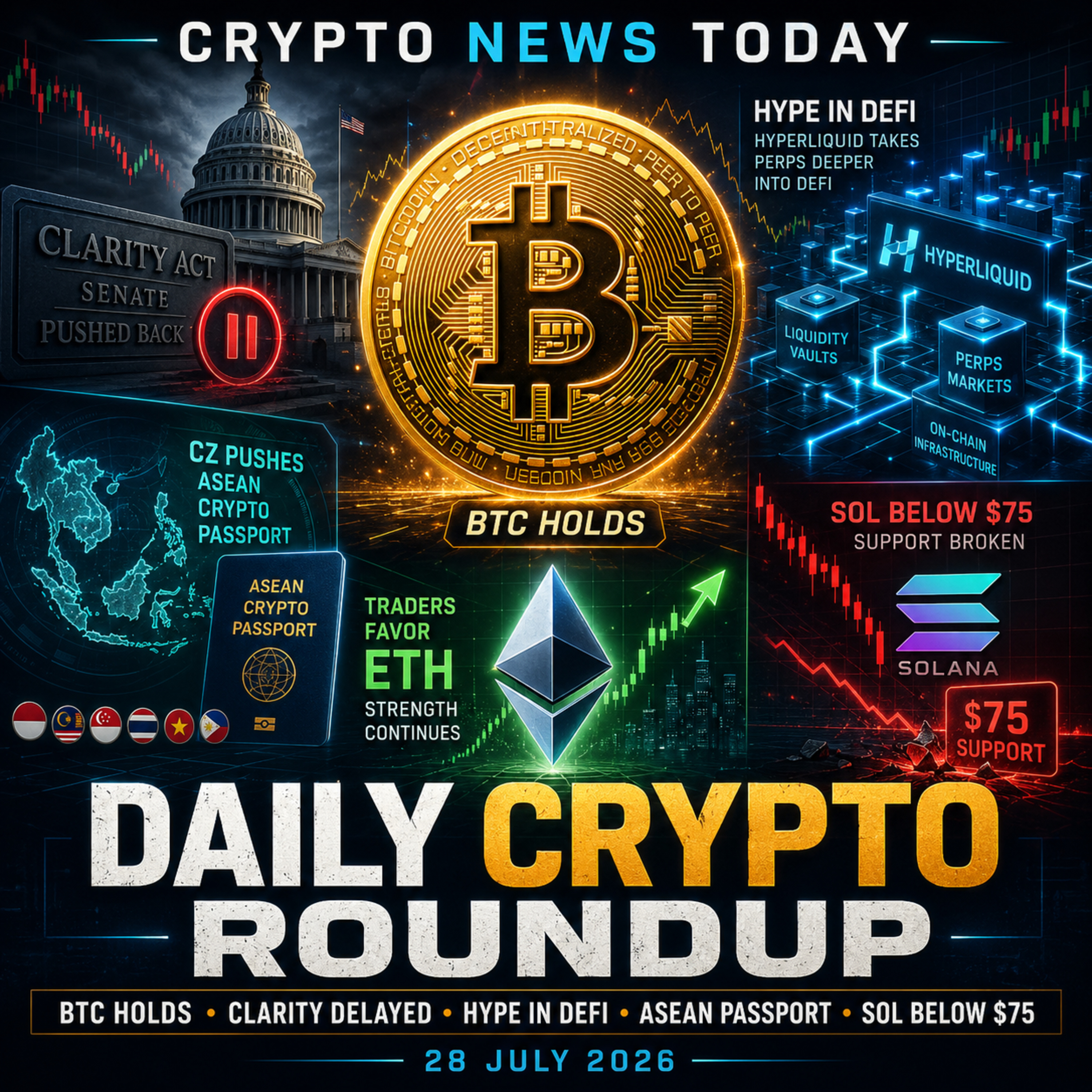 Bitcoin Holds as Solana Breaks $75 | Clarity Act Delayed | Daily Crypto Roundup