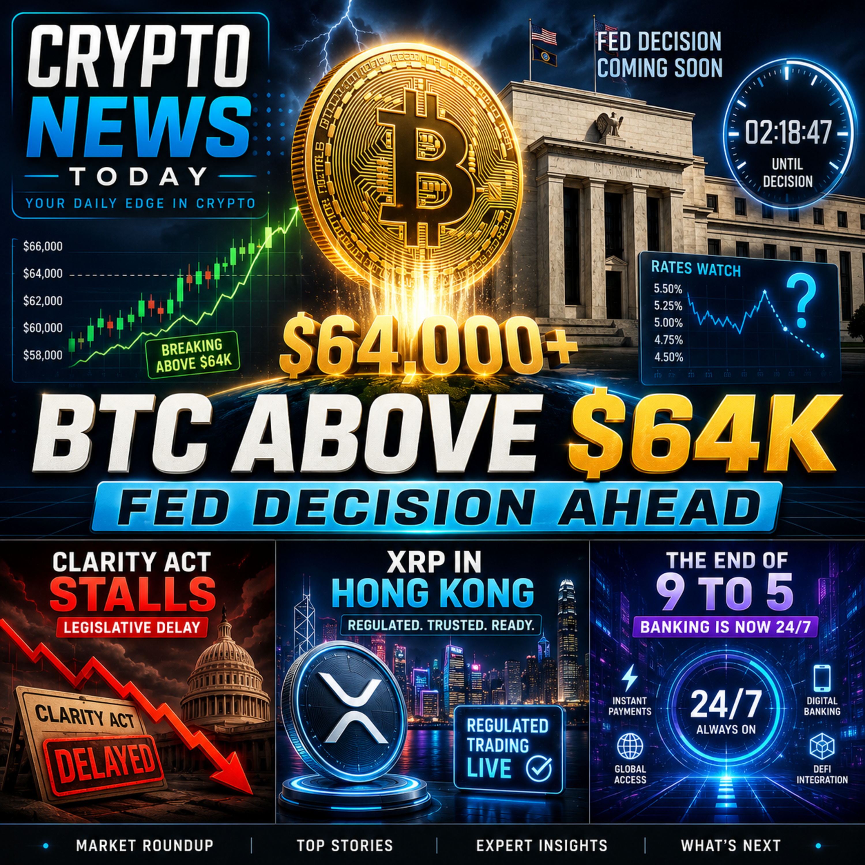 Bitcoin Breaks $64K Around Fed Decision as XRP Goes Live in Hong Kong | Daily Crypto Roundup