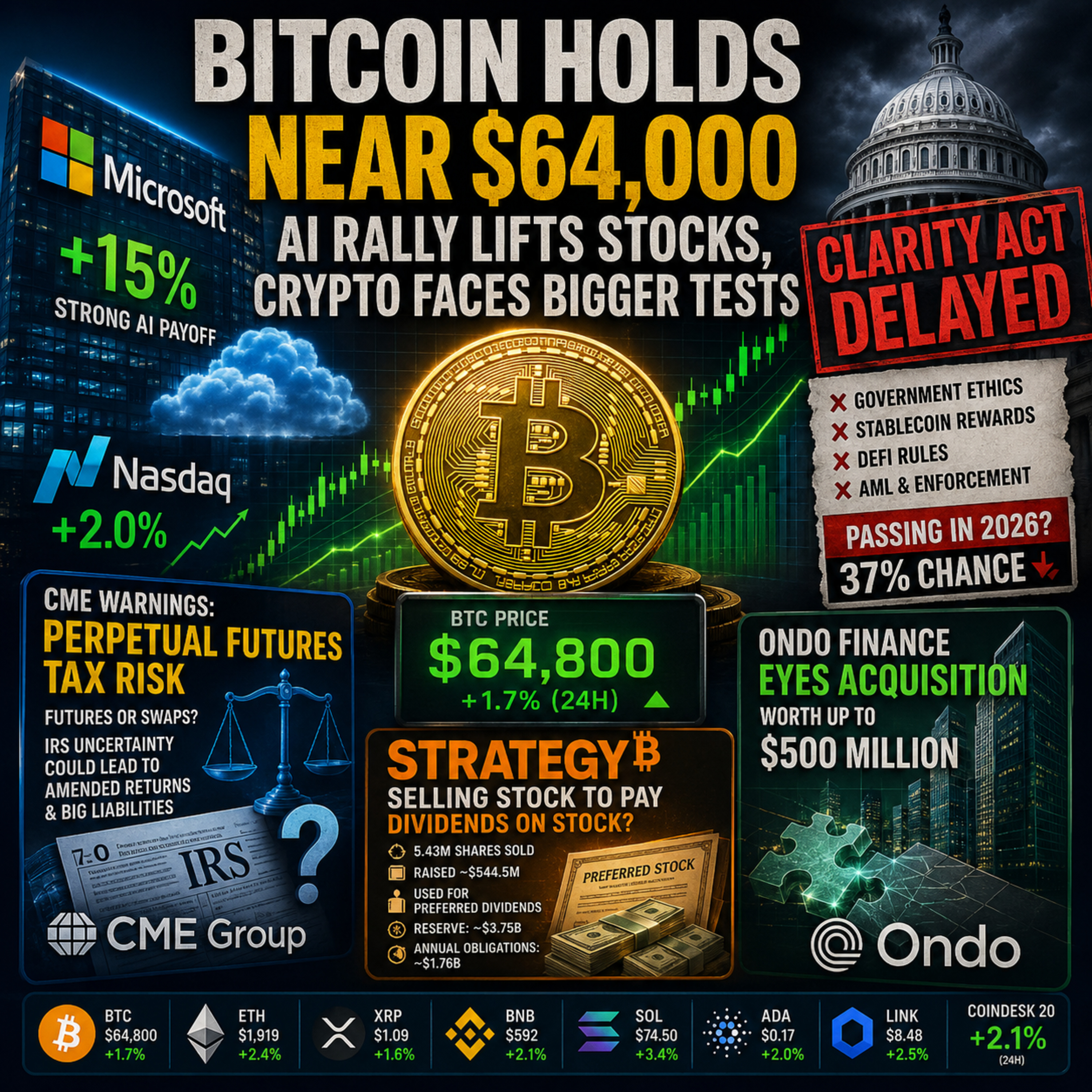 Daily Crypto Roundup: Bitcoin Holds $64K as CLARITY Act Trouble Deepens