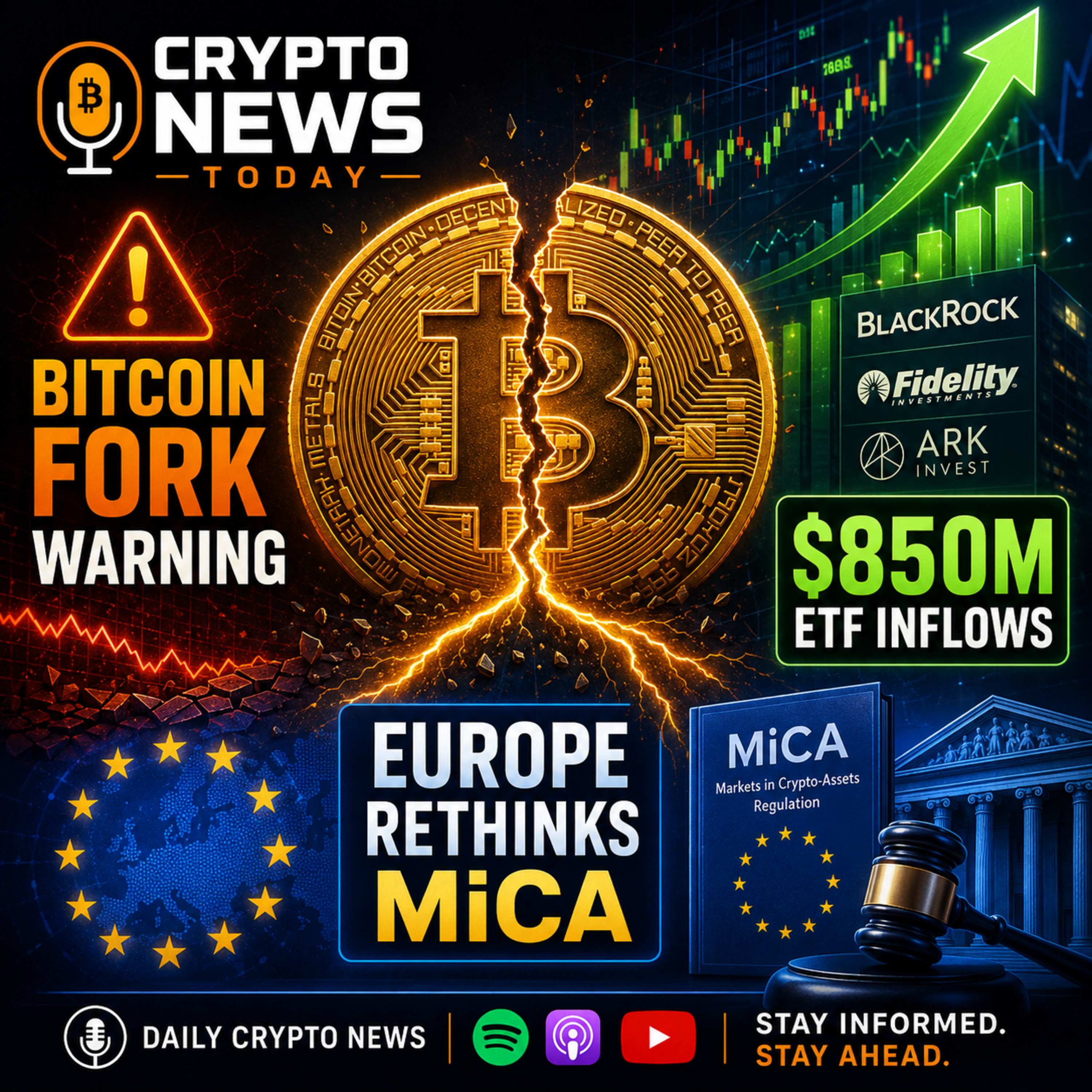 Daily Crypto Roundup: Bitcoin Fork Warning, $850M ETF Inflows & Europe Rethinks MiCA