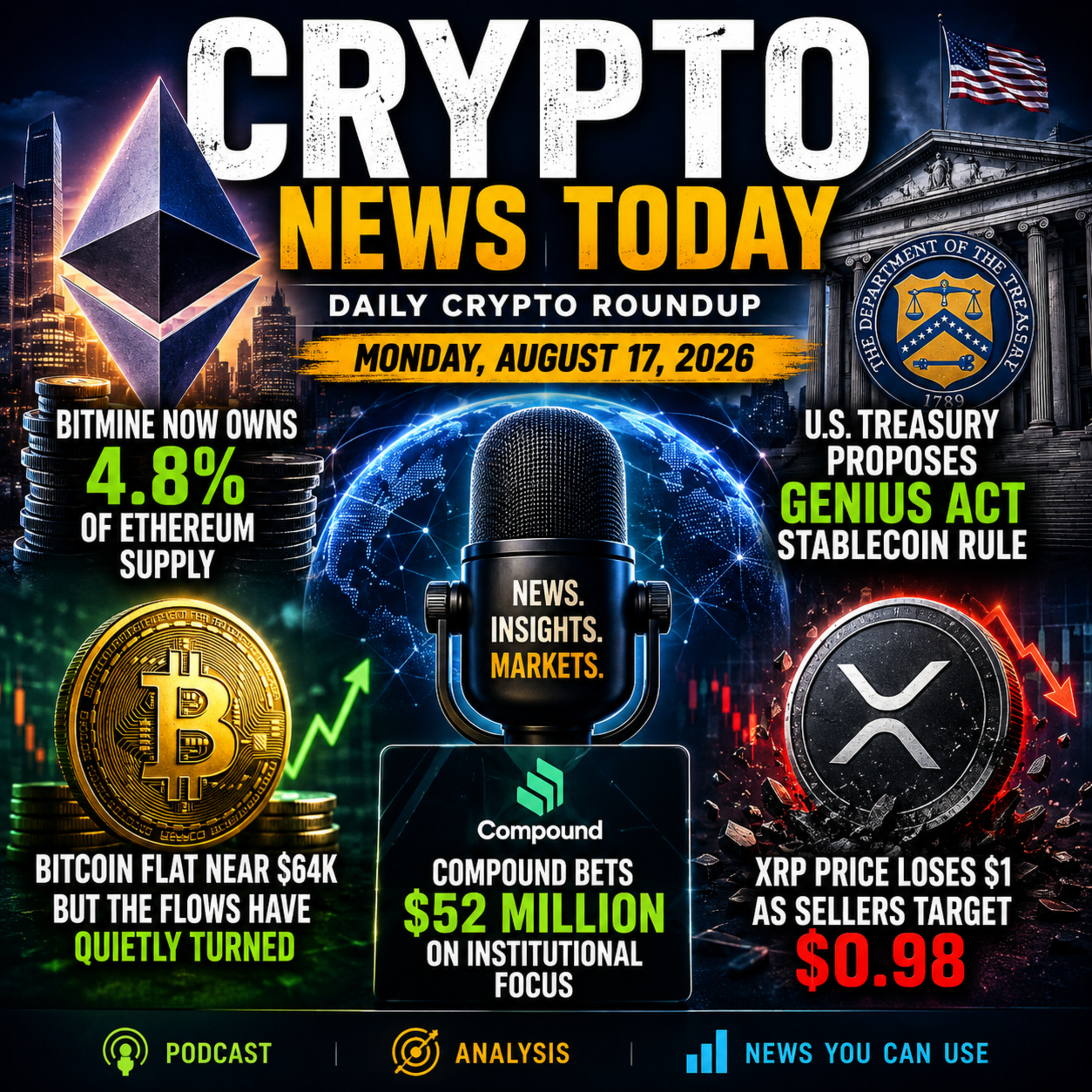 BitMine Owns 4.8% of Ethereum | U.S. Treasury’s Stablecoin Rules | XRP Loses $1 | Daily Crypto Roundup episode artwork