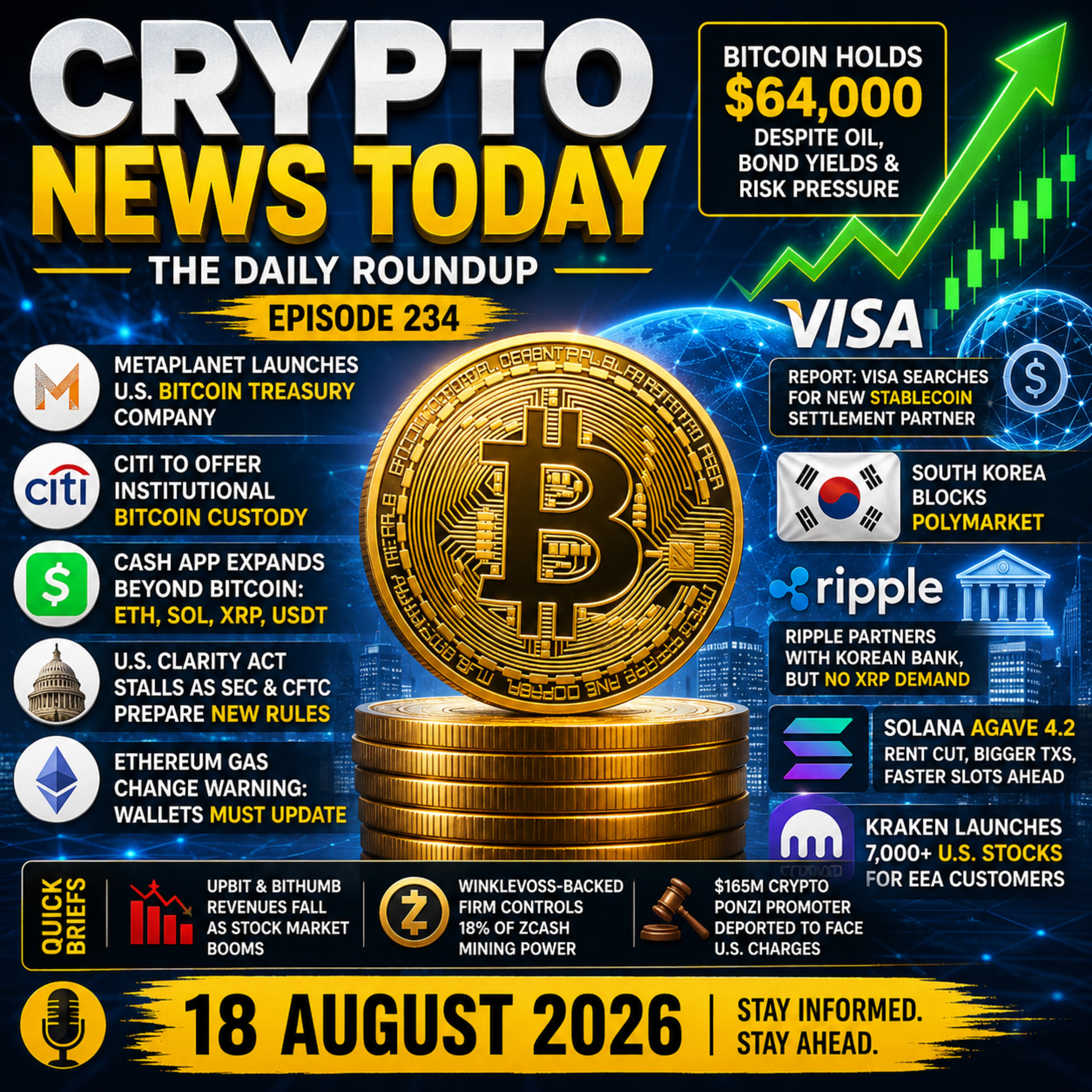 Bitcoin Holds $64K as Citi Launches Custody & Metaplanet Moves 2,100 BTC | Daily Crypto Roundup episode artwork