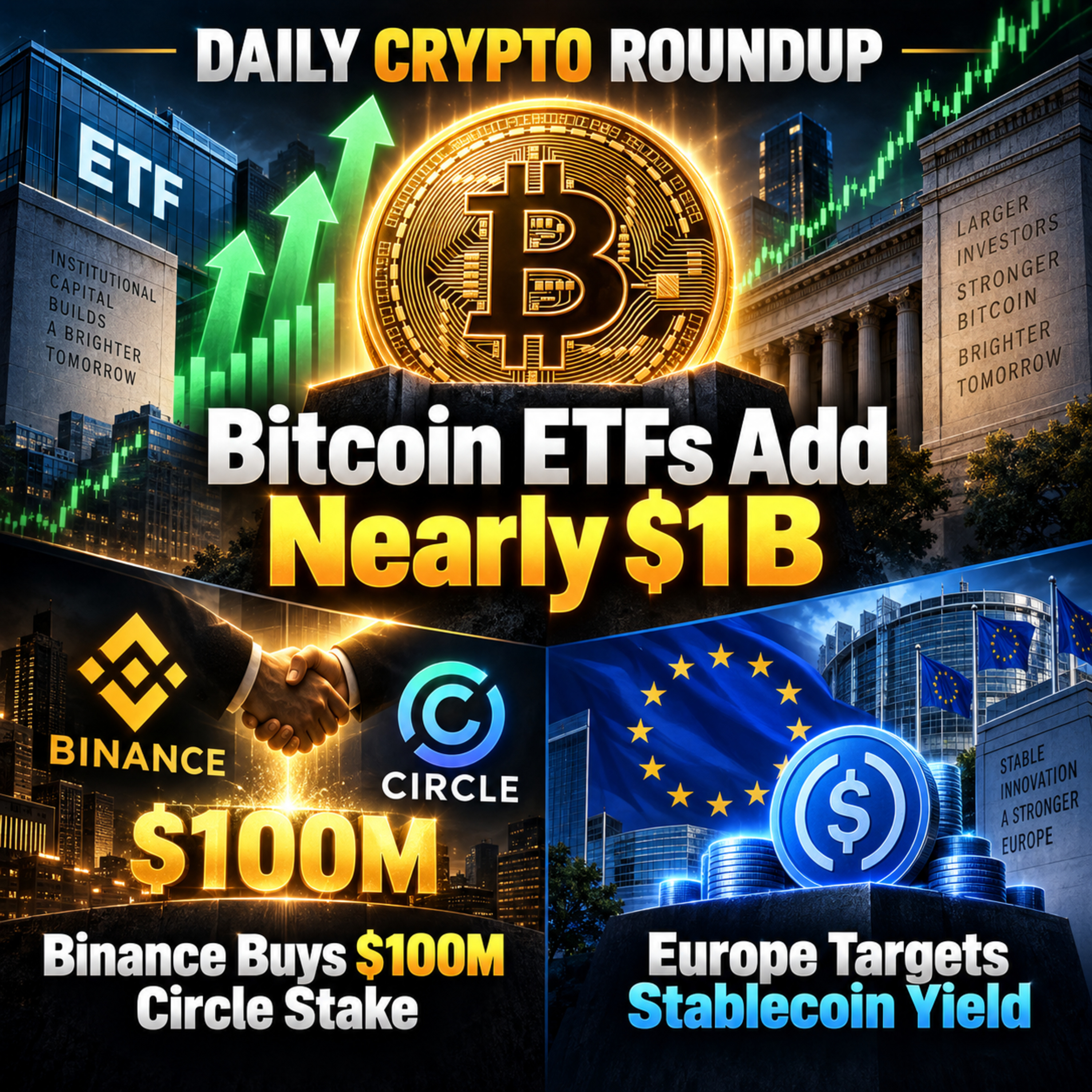 Bitcoin ETFs Add Nearly $1B | Binance Buys $100M Circle Stake | Europe Targets Stablecoin Yield | Daily Crypto Roundup. episode artwork