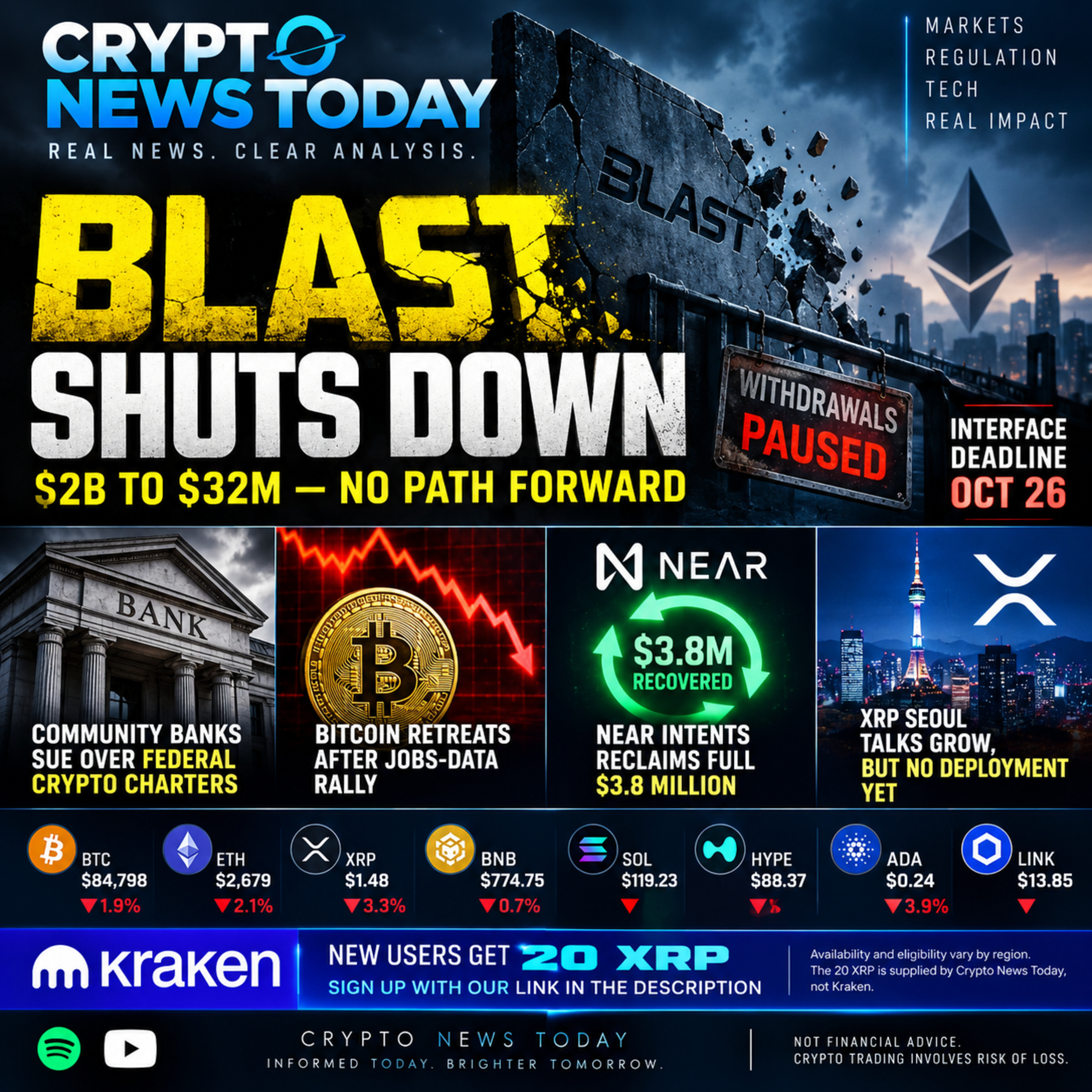 Daily Crypto Roundup: Blast Shuts Down, Bitcoin Drops Below $85K & $3.8M Hack Recovered episode artwork