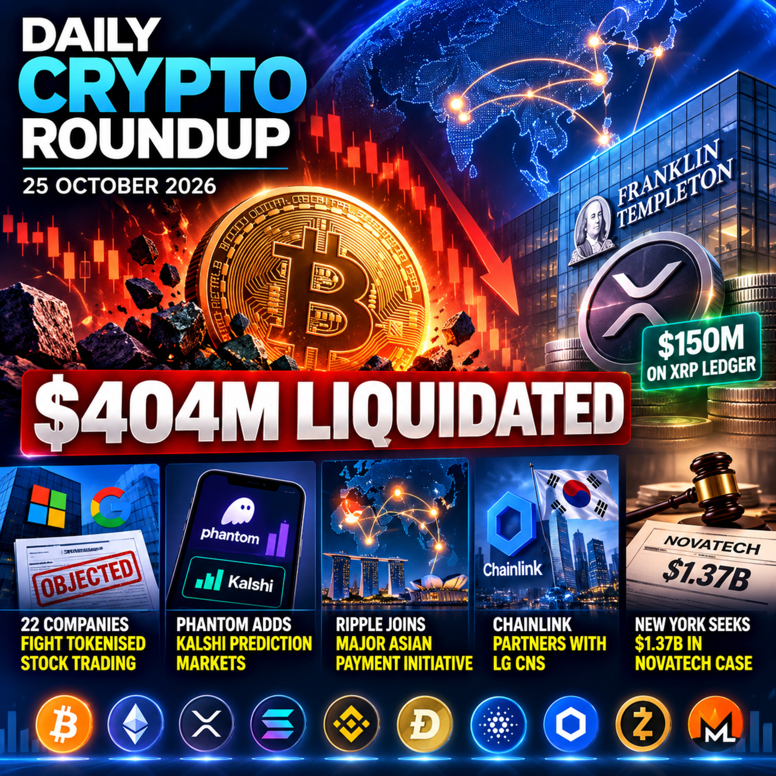Daily Crypto Roundup: $404M Liquidated, XRP Gets $150M Institutional Boost & Wall Street Fights Tokenised Stocks episode artwork