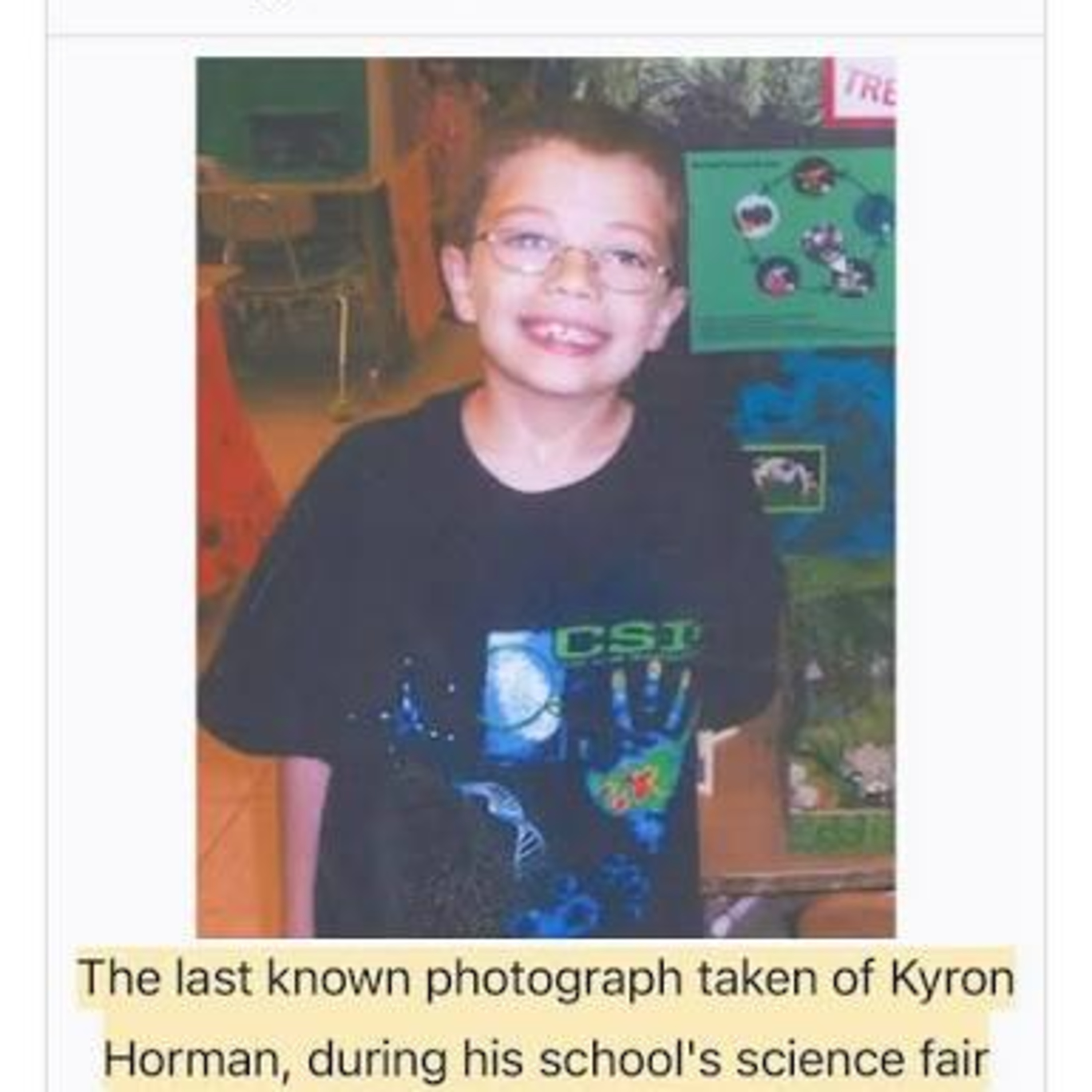 "Vanished Beyond the School Doors: The Disappearance of Kyron Horman." episode artwork