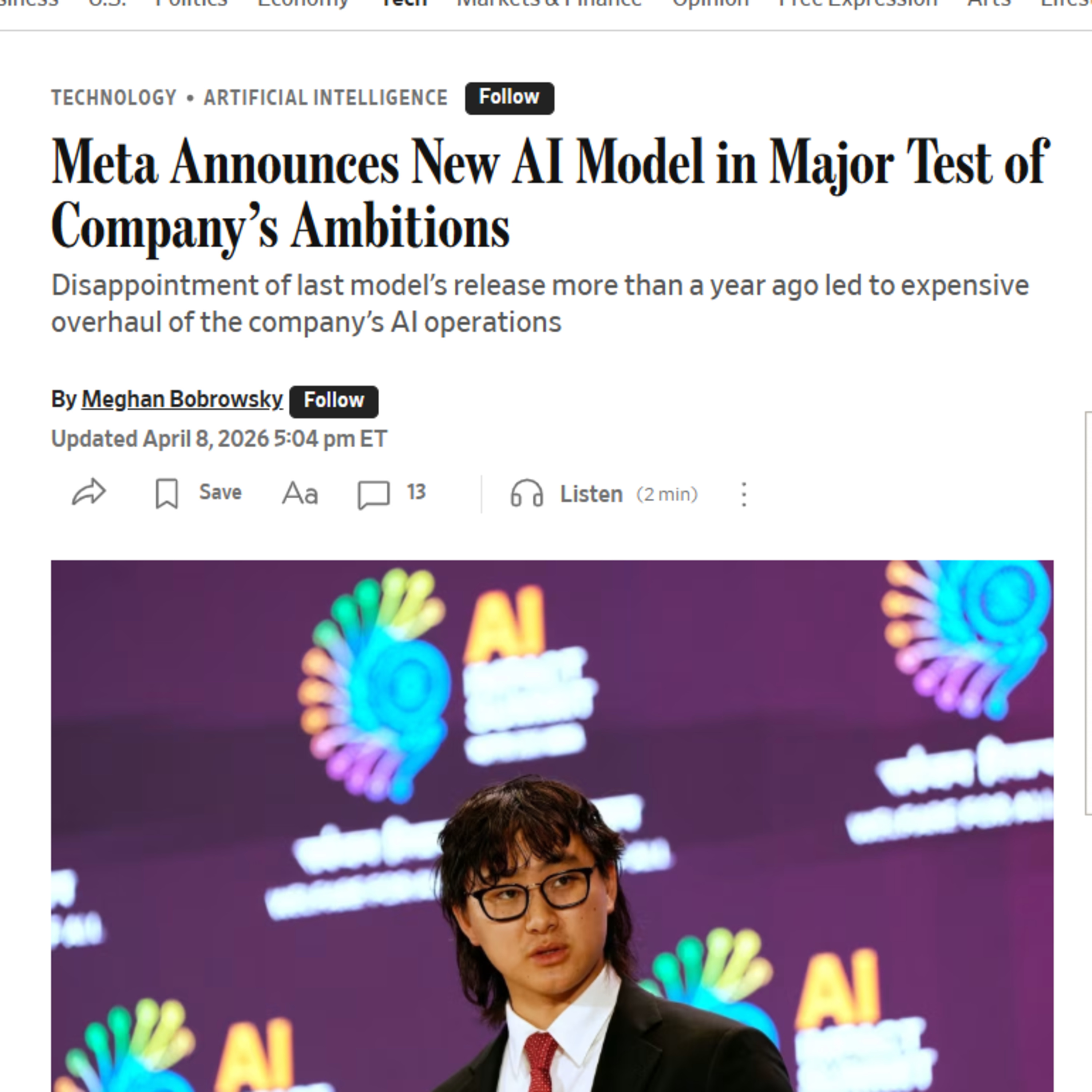 【華爾街日報】Meta 最新大型語言模型 Muse Spark 登場—不拚寫程式拚健康問答，能洗刷 Llama 4 陰影嗎？ episode artwork