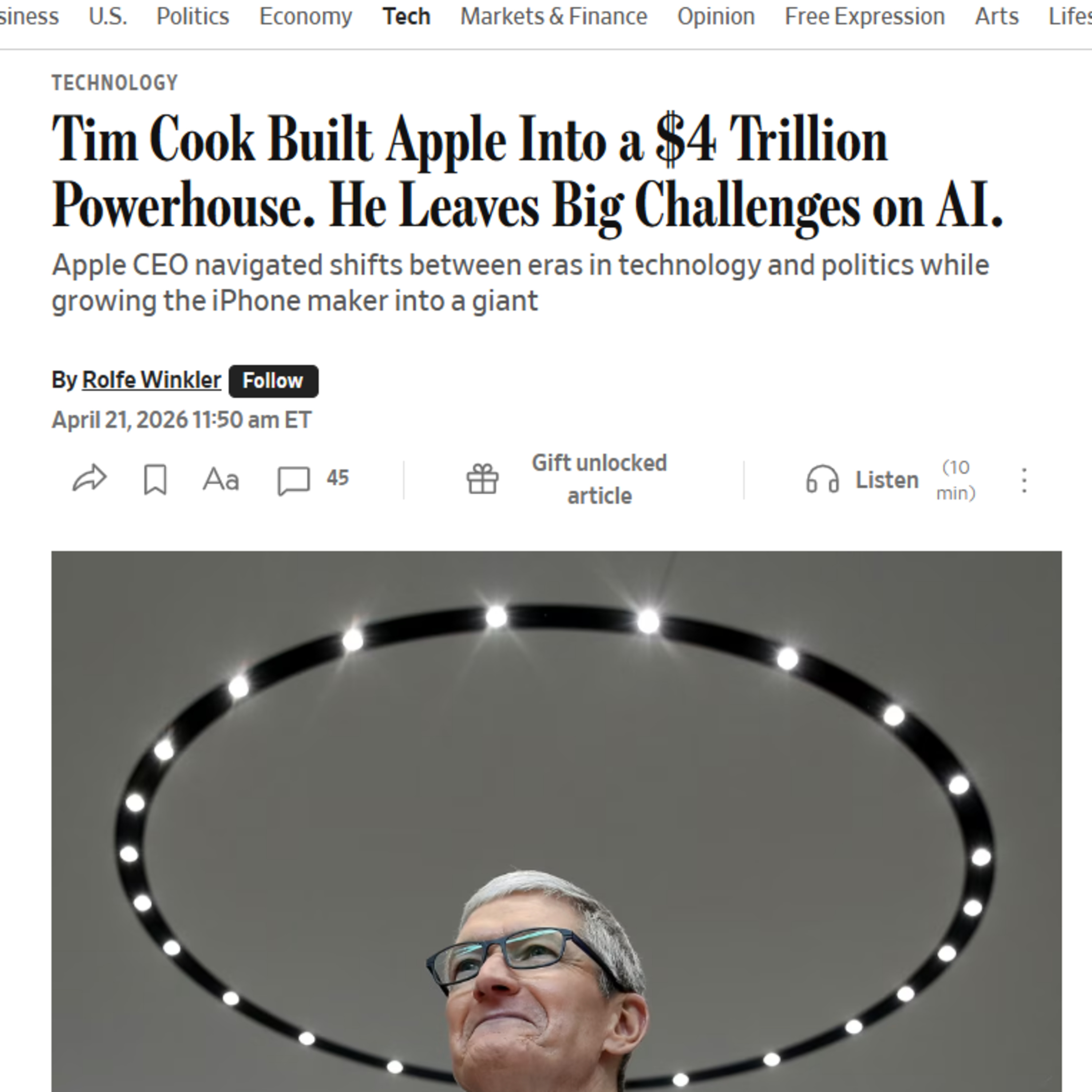 【華爾街日報】解析：Tim Cook 卸任蘋果執行長，他留下的四兆江山與未竟的 AI 挑戰 episode artwork