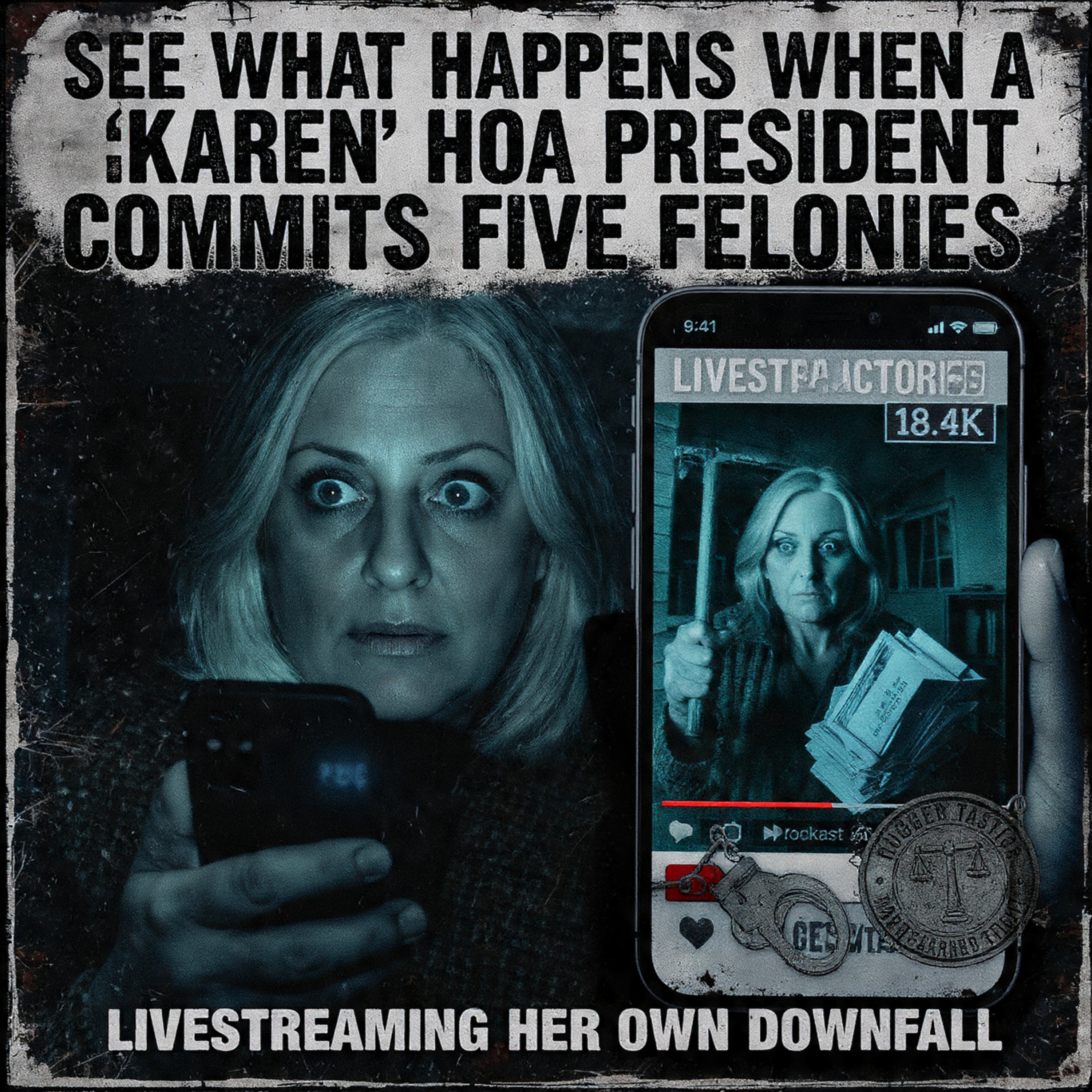 What happens when a "Karen" HOA President commits five felonies on her own livestream episode artwork