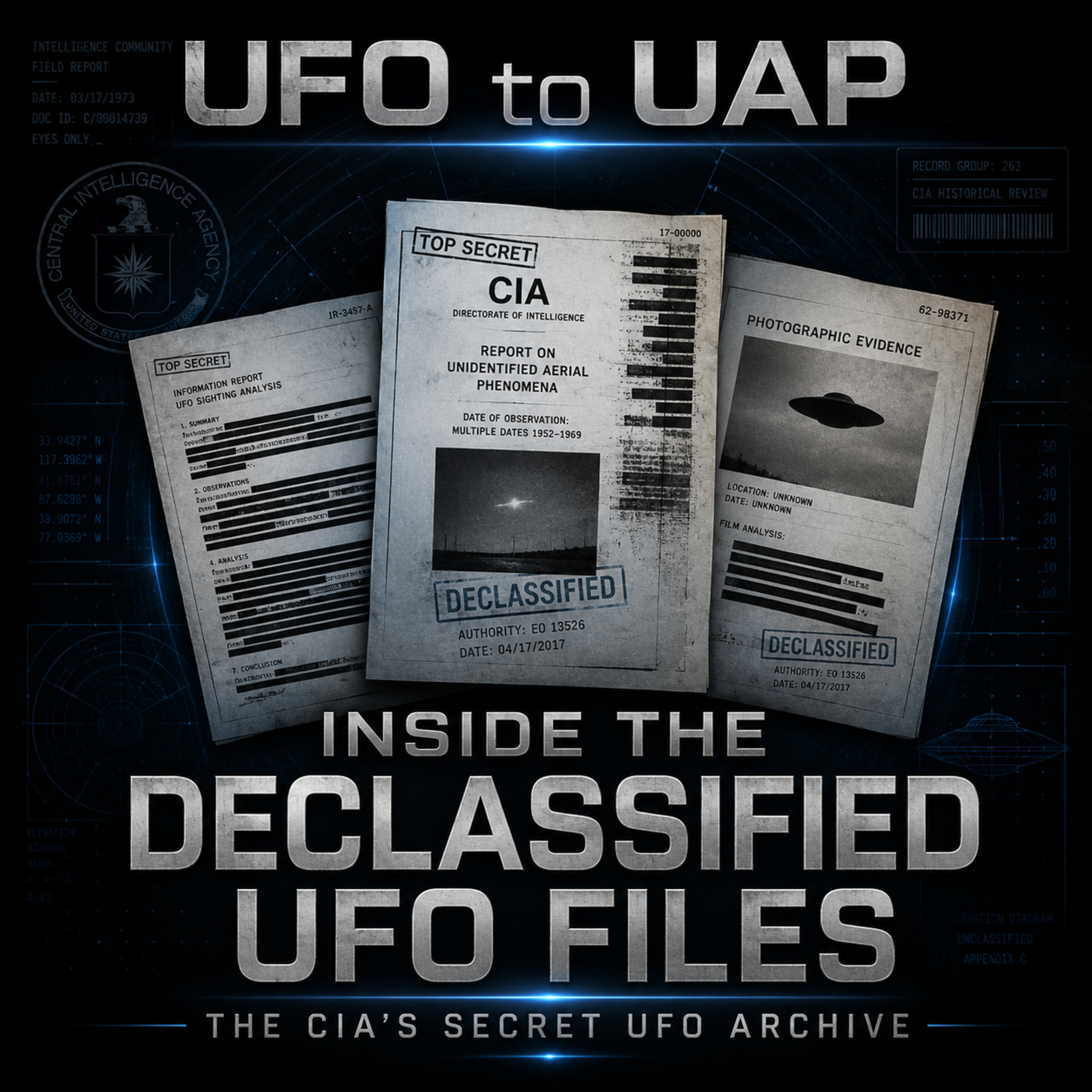 Episode 64: Inside the Declassified UFO Files: The CIA’s Secret UFO Archive — cosmic space imagery with deep atmospheric lighting and dark nebula background
