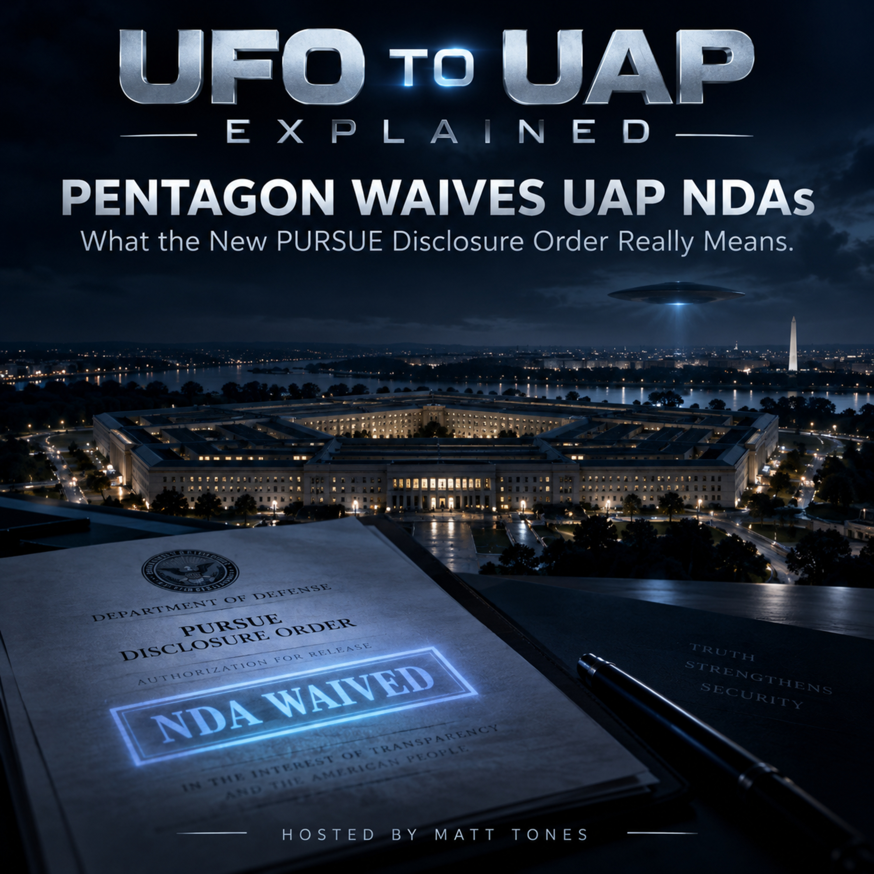 Episode 81: Pentagon Waives UAP NDA's: What the New PURSUE Disclosure Order Really Means — cosmic space imagery with deep atmospheric lighting and dark nebula background