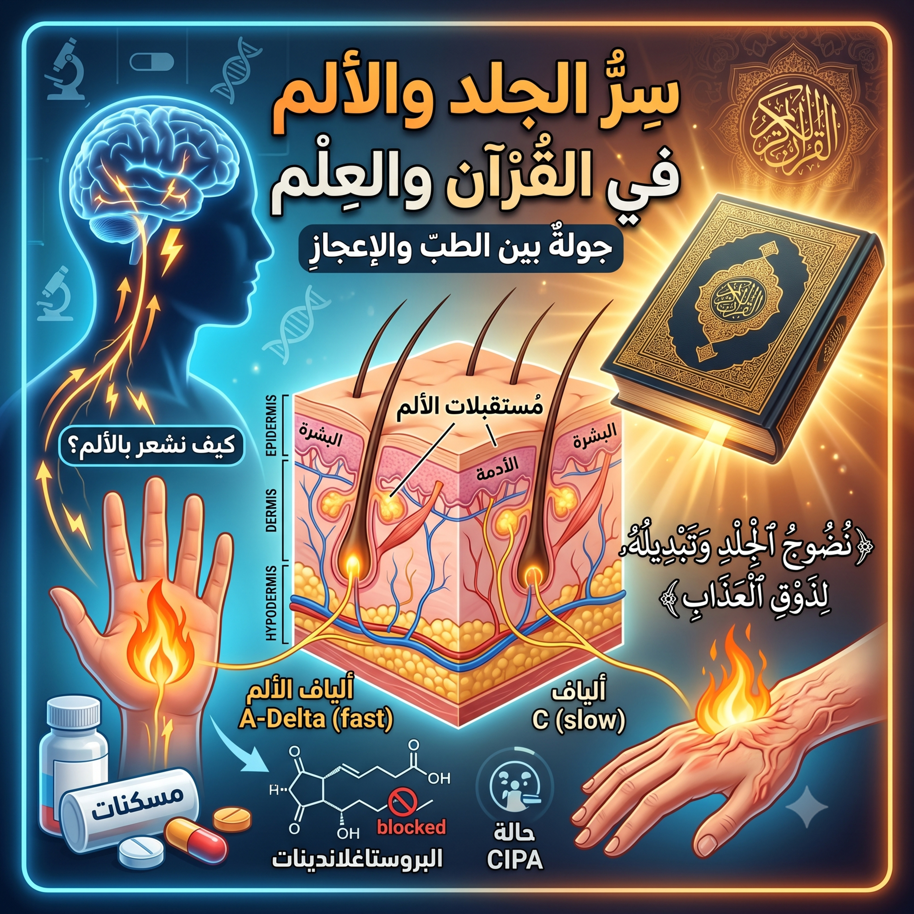 لُغْزُ الْغِلَافِ الْعَجِيبِ: سِرُّ اخْتِيَارِ الْجِلْدِ مَرْكَزًا لِلْأَلَمِ وَالْإِعْجَازِ الْقُرْآنِيِّ الْمُذْهِلِ
