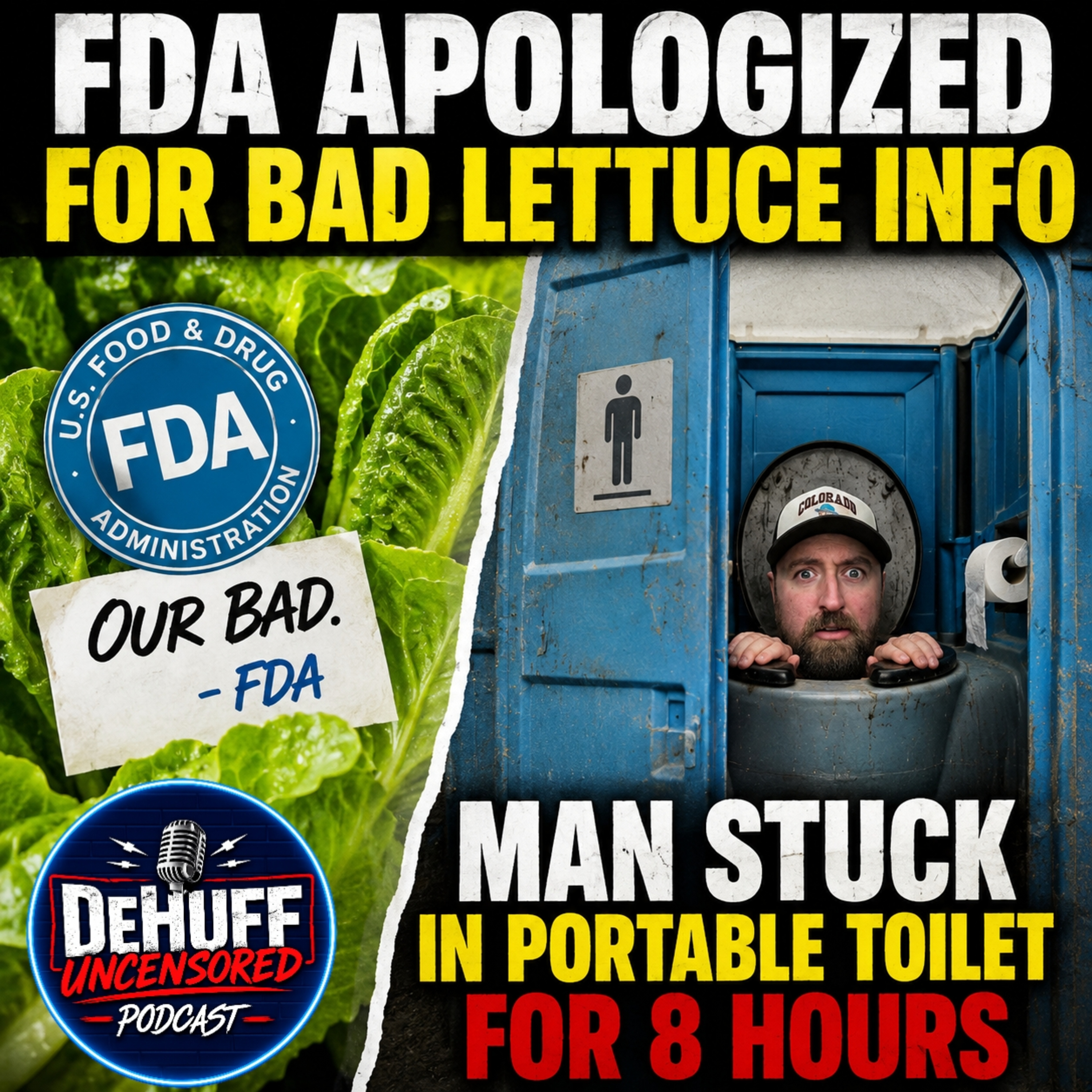FDA apologized for bad lettuce info | Man trapped in portable toilet for 8 hours episode artwork