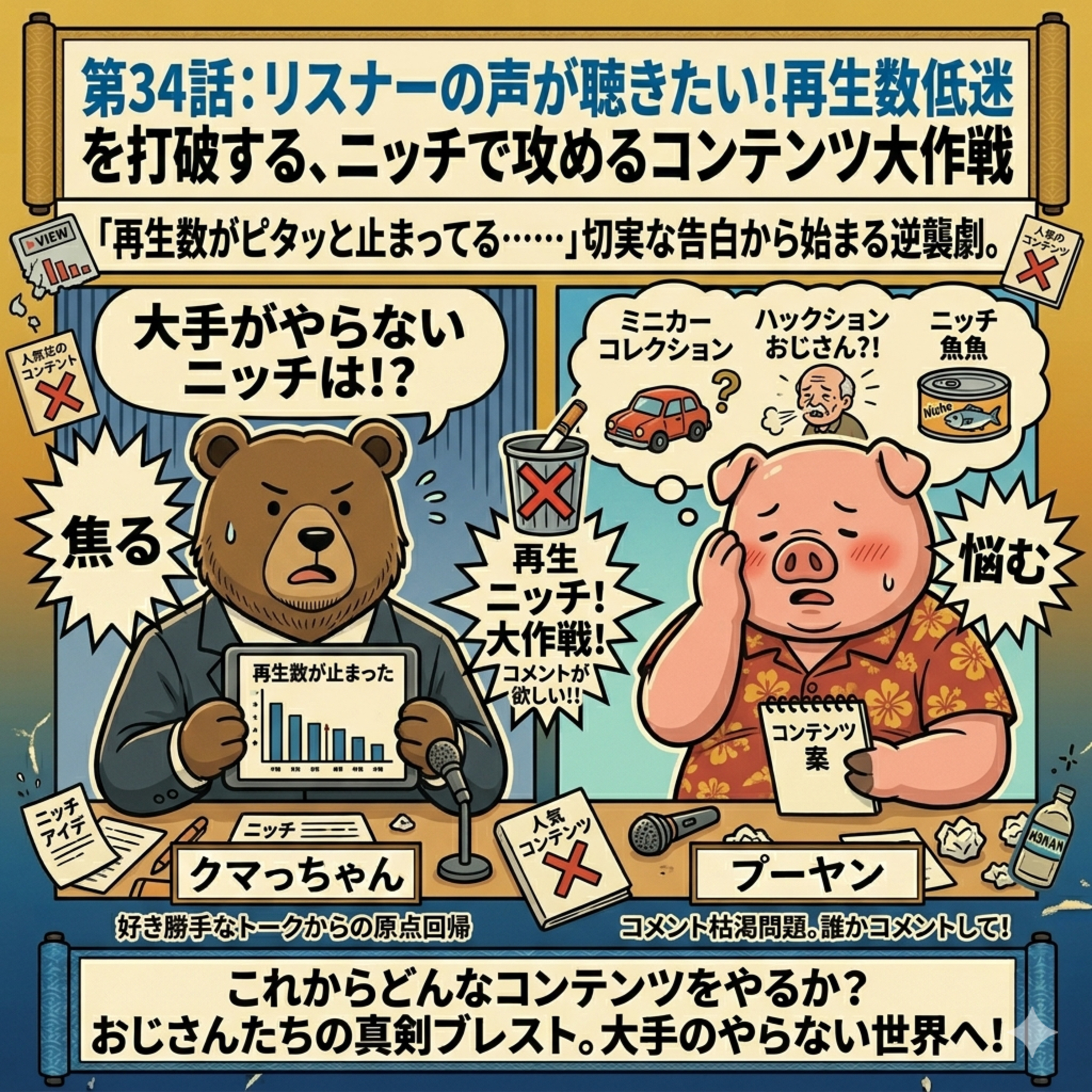34話目：【迷走】再生数を伸ばしたい！30-40代おじさんによる「最強コンテンツ」会議 episode artwork