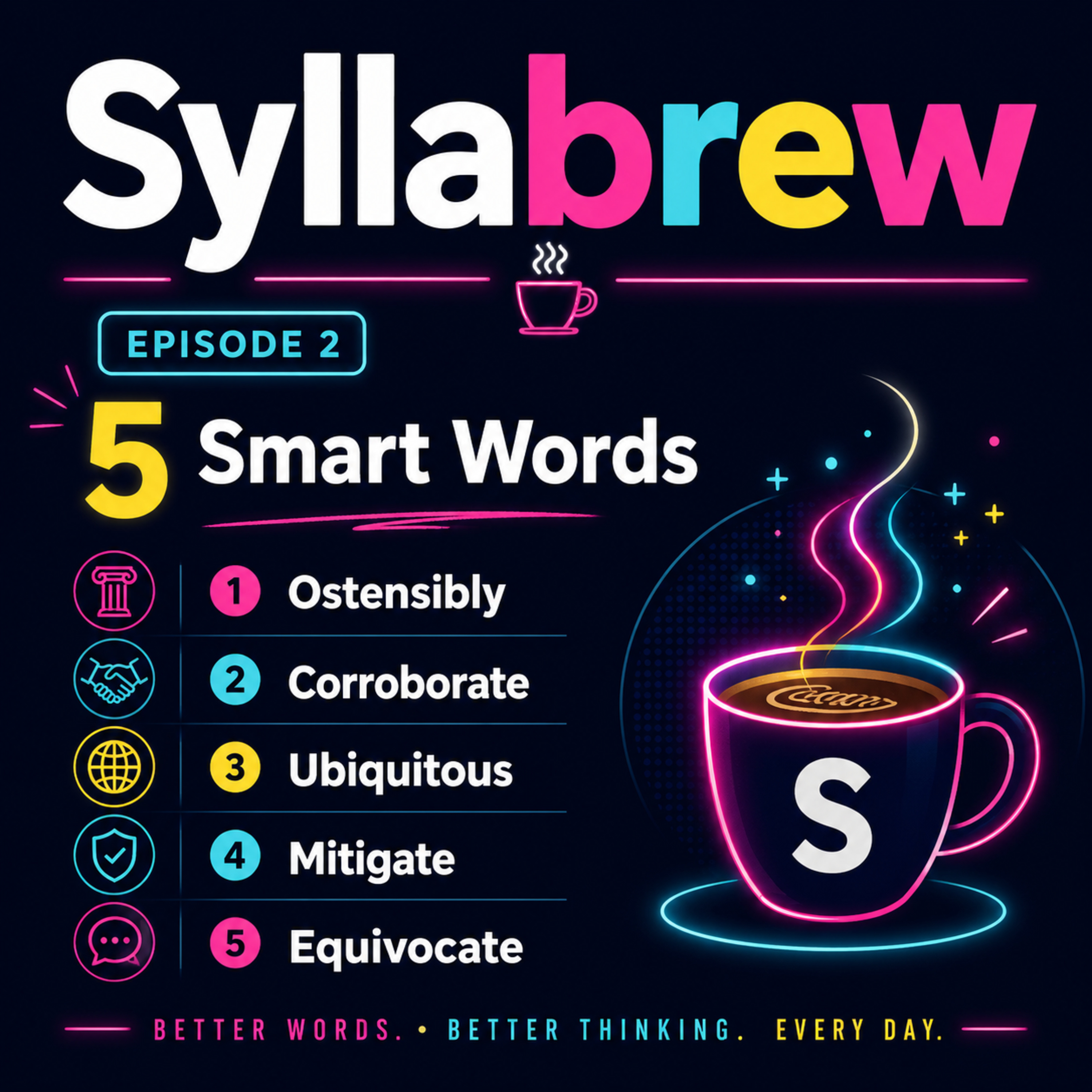 Syllabrew Episode 2: 5 Smart Words to Improve Your Vocabulary: Ostensibly, Corroborate, Ubiquitous, Mitigate, Equivocate episode artwork