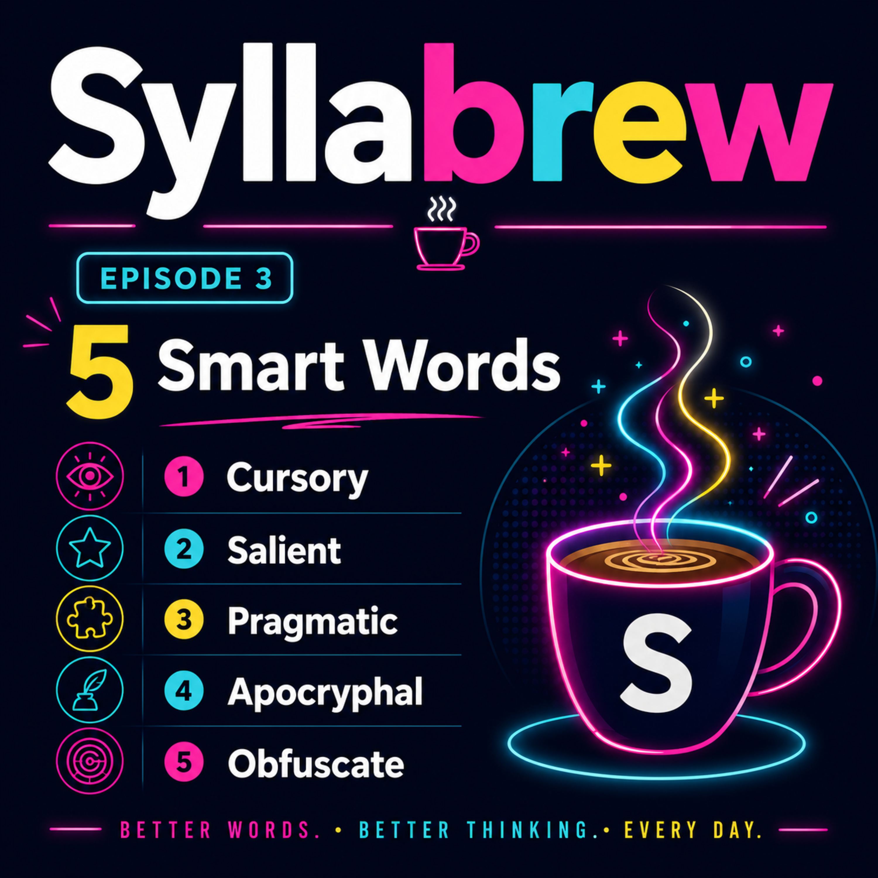 Syllabrew Episode 3: 5 Smart Words to Improve Your Vocabulary: Cursory, Salient, Pragmatic, Apocryphal, Obfuscate episode artwork