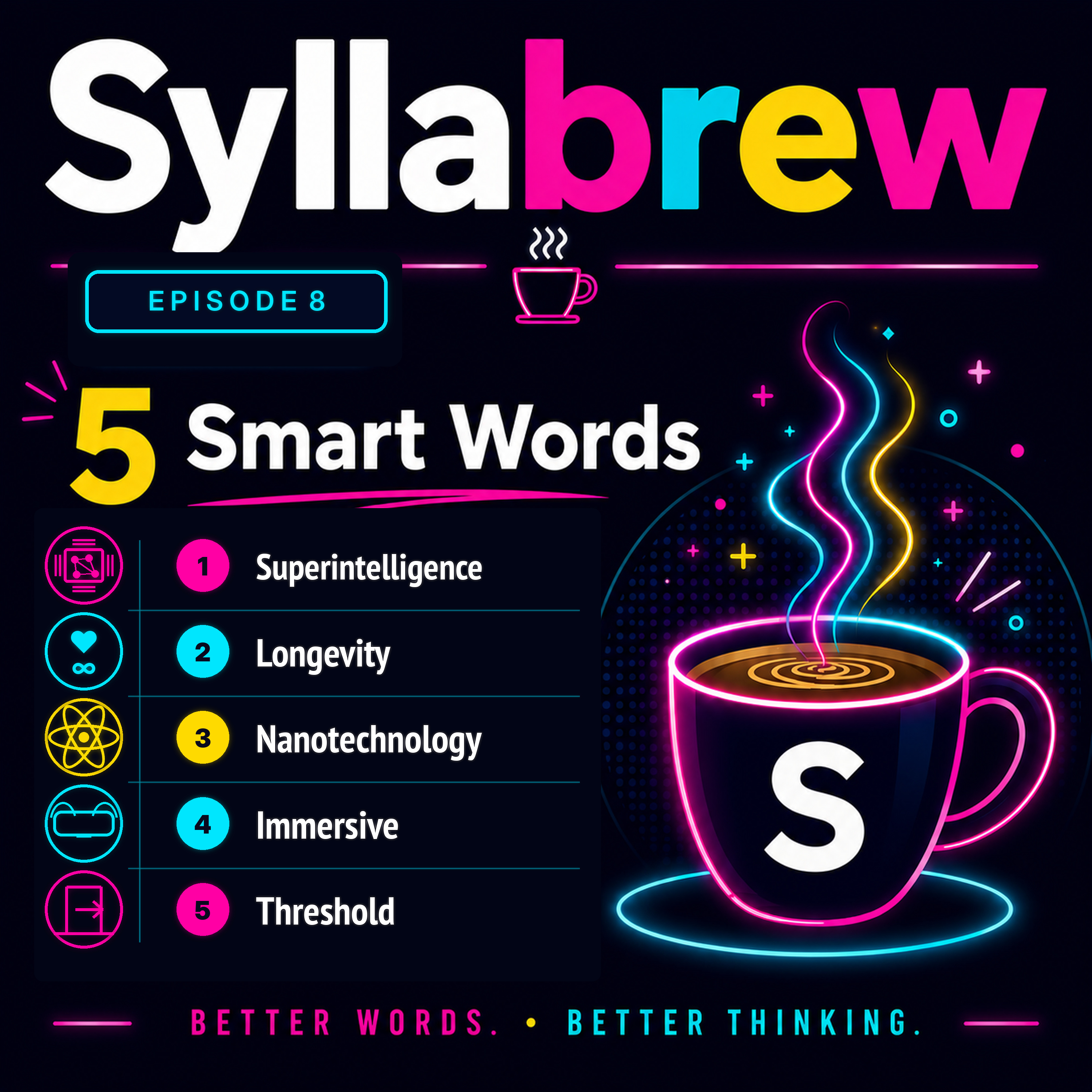 Syllabrew Episode 8: Five Smart Words for the Future That May Be Closer Than We Think: Superintelligence, Longevity, Nanotechnology, Immersive, Threshold episode artwork