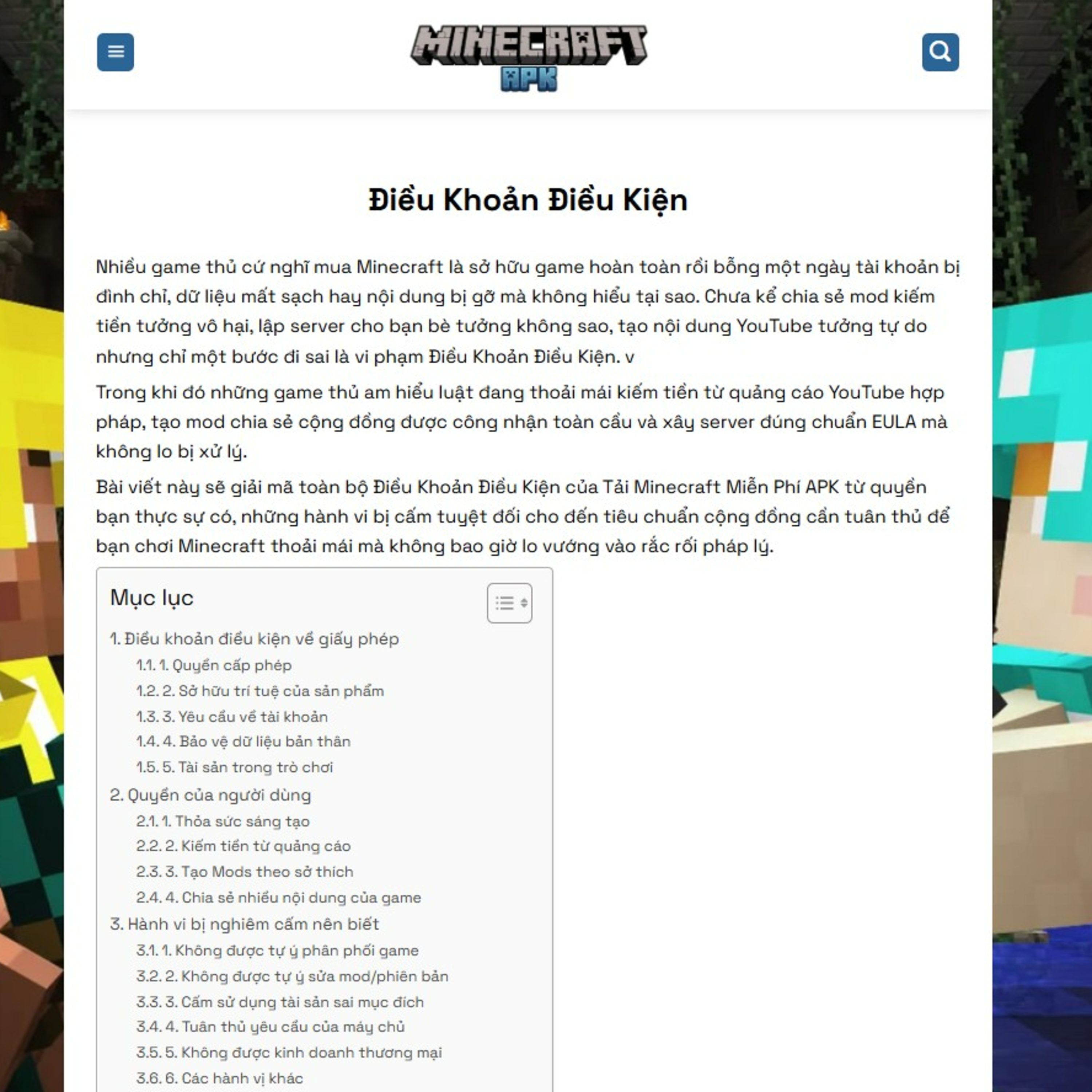 Điều Khoản Điều Kiện Tải Minecraft Miễn Phí APK⁠