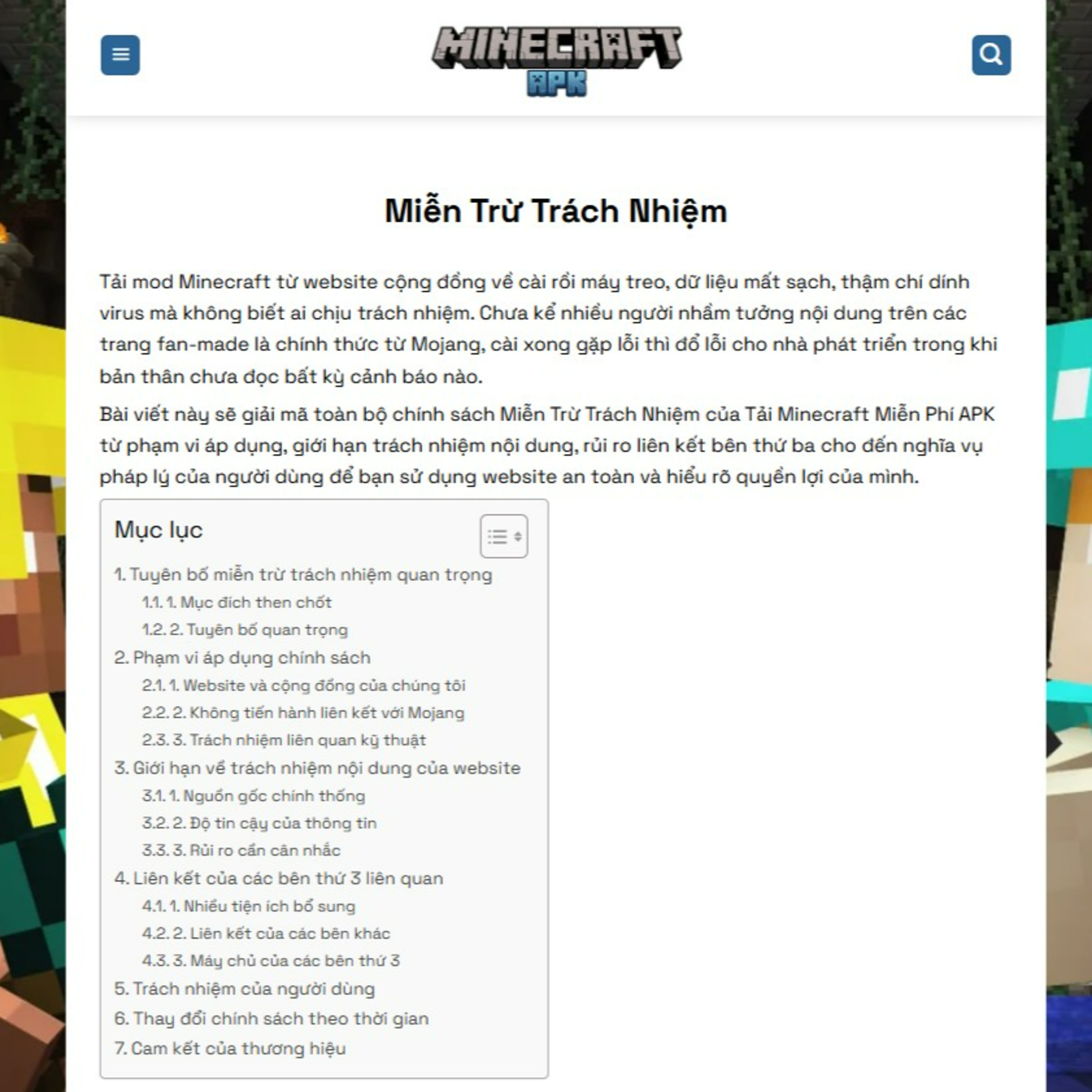 Miễn Trừ Trách Nhiệm Tải Minecraft Miễn Phí APK