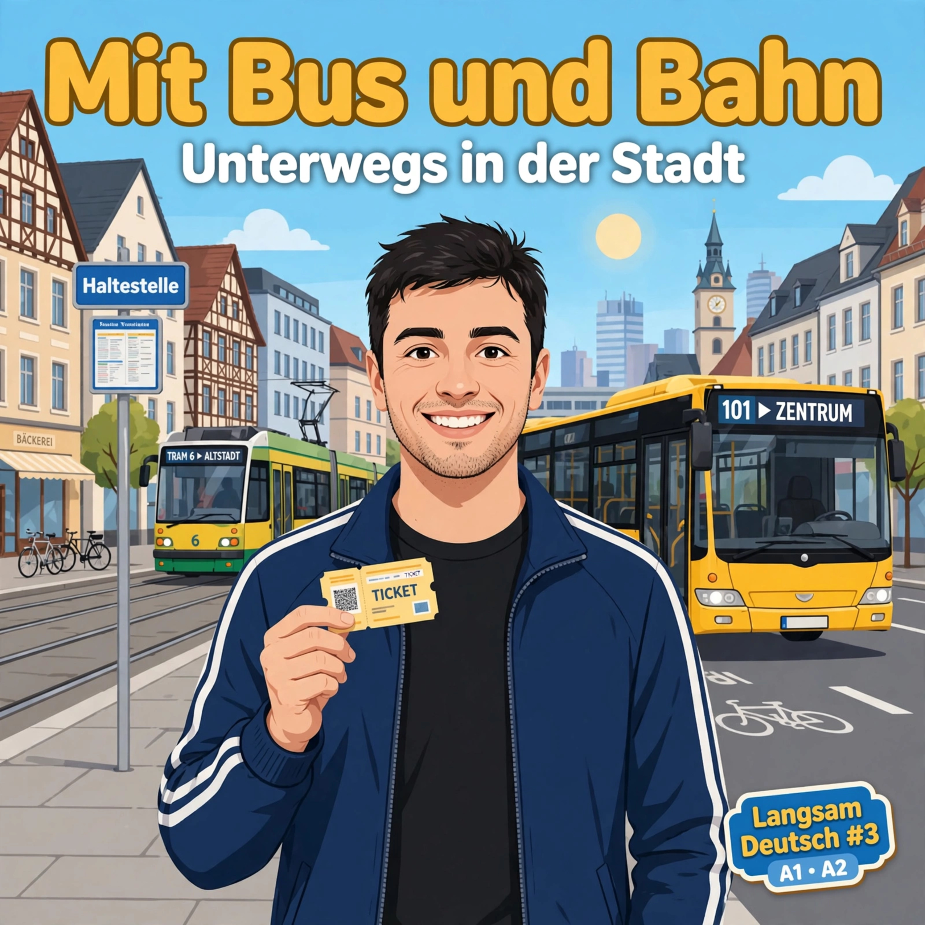 Mit Bus und Bahn – Unterwegs in der Stadt | Deutsch lernen A1 A2 B1 | Langsam Deutsch #3