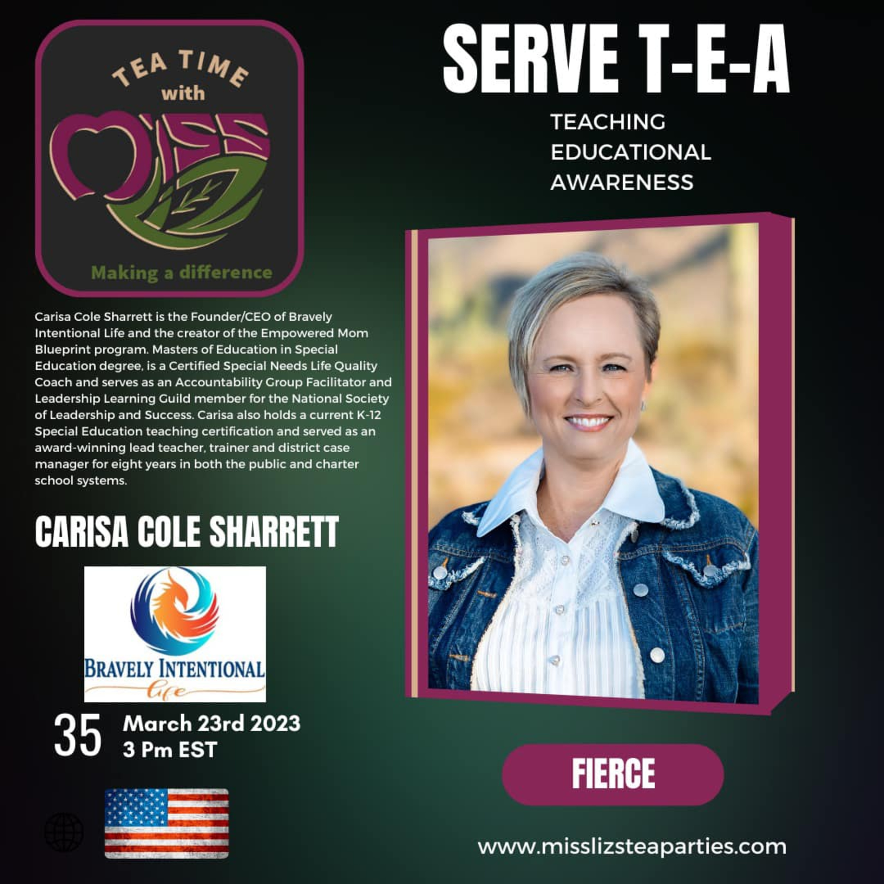 Teatime with Miss Liz T-E-A Open Discussion with Carisa Cole Sharrett Bravely Intentional Life episode artwork