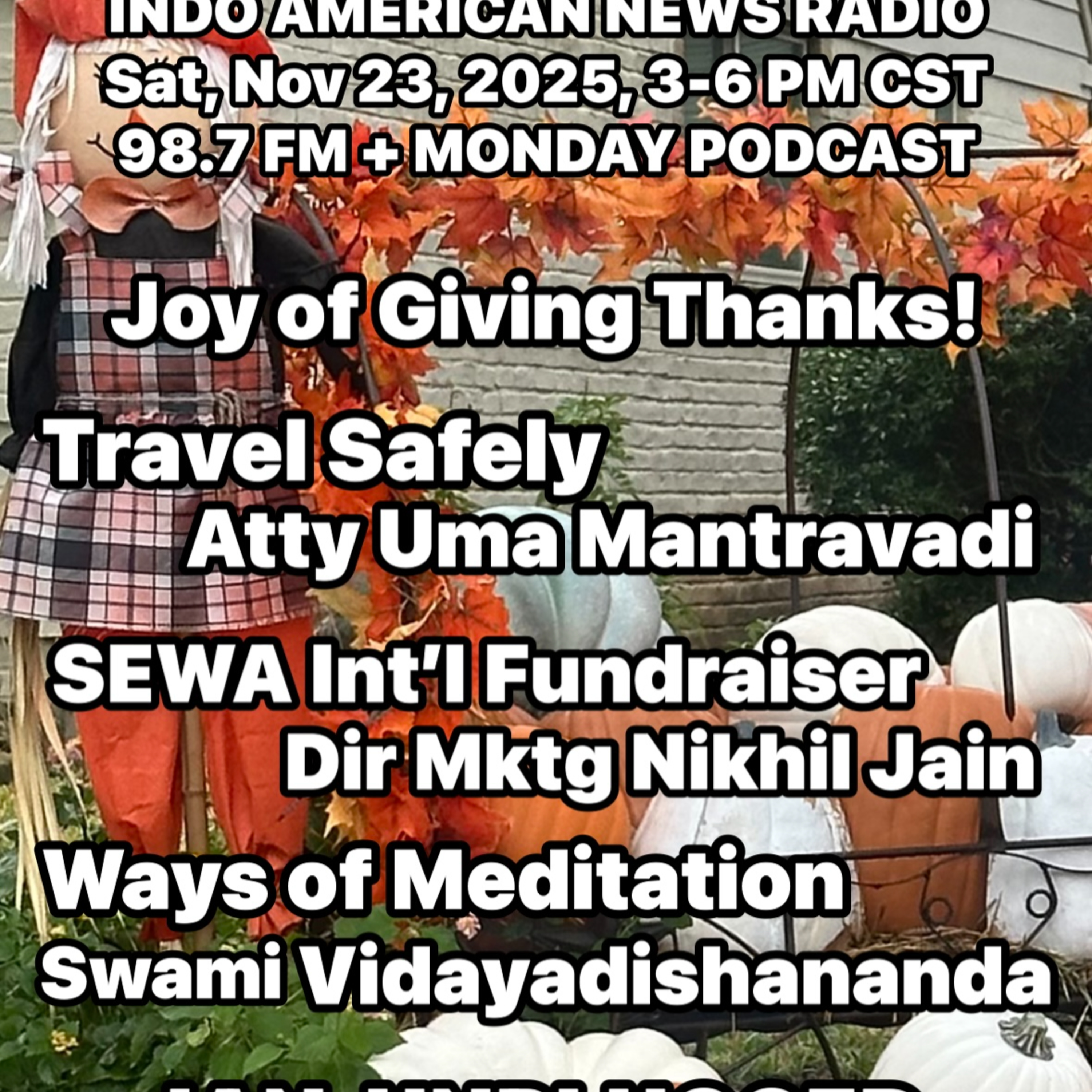 IANR 2547 112225 Travel Safely by Atty Uma Mantravadi, SEWA Int'l Fundraiser by Nikhil Jain, Ways of Meditation by Swami Vidyadishnanda episode artwork