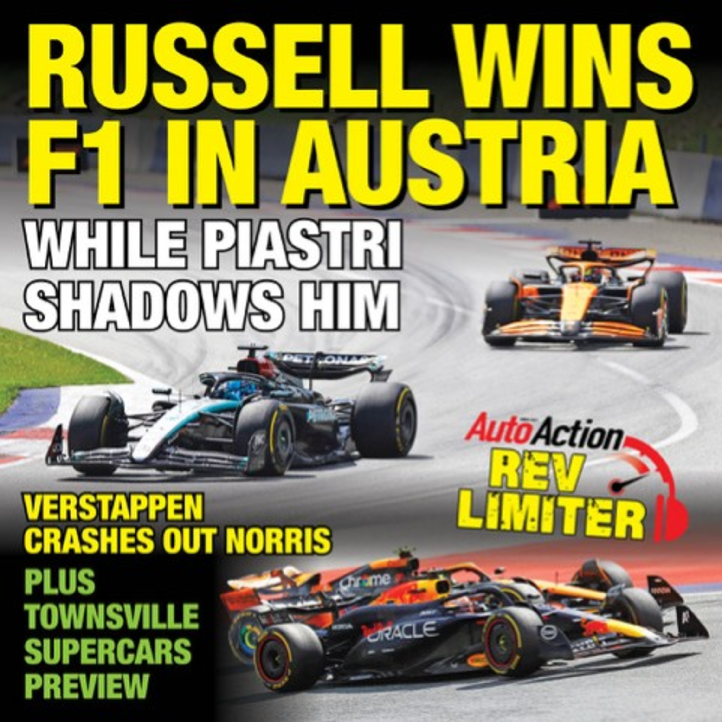 Max Verstappen Fumbles and George Russell takes an unlikely win in Austria, we preview the Townsville Supercars and talk about 5 overtime restarts in NASCAR  episode artwork