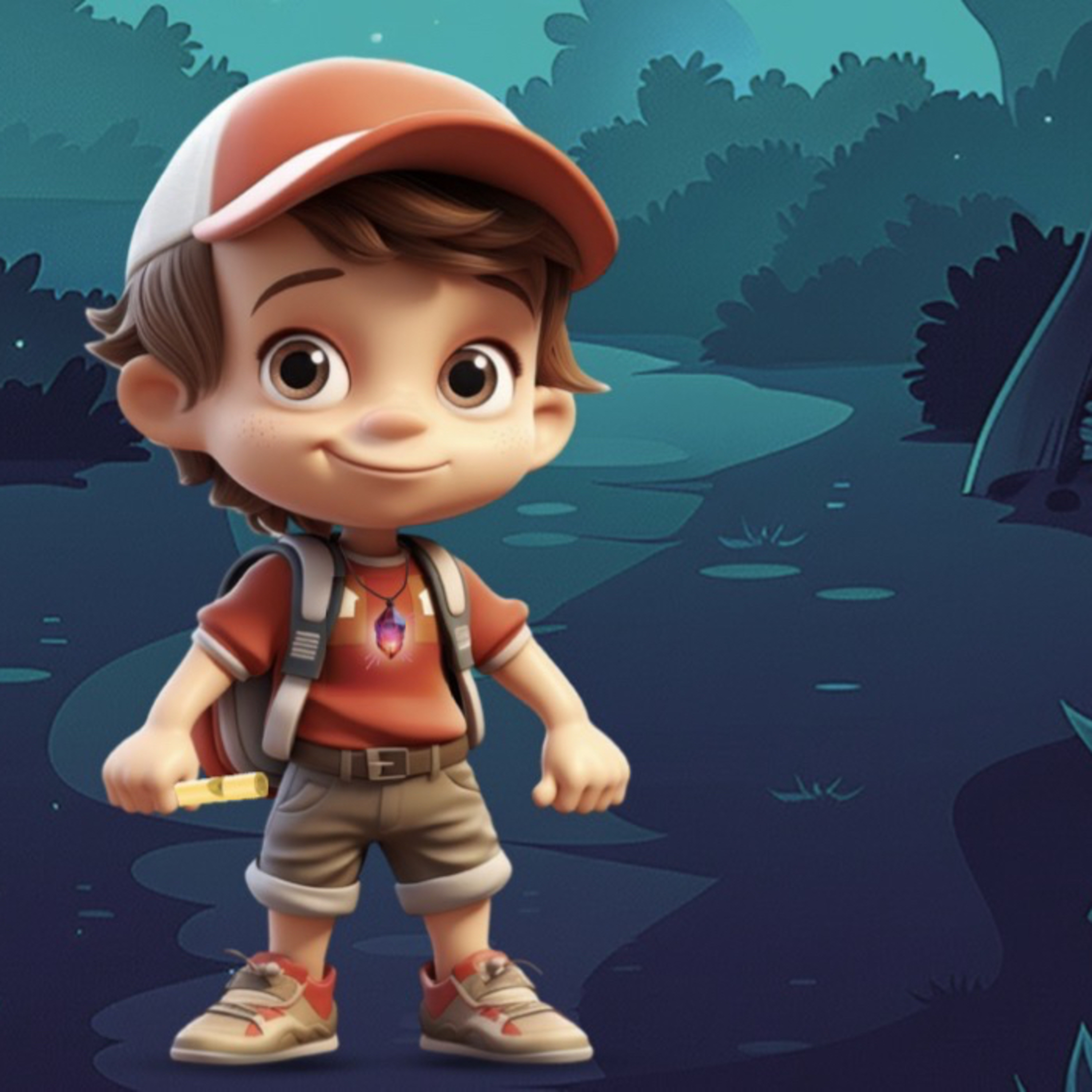 Lucas e o amuleto mágico em viagem à floresta 