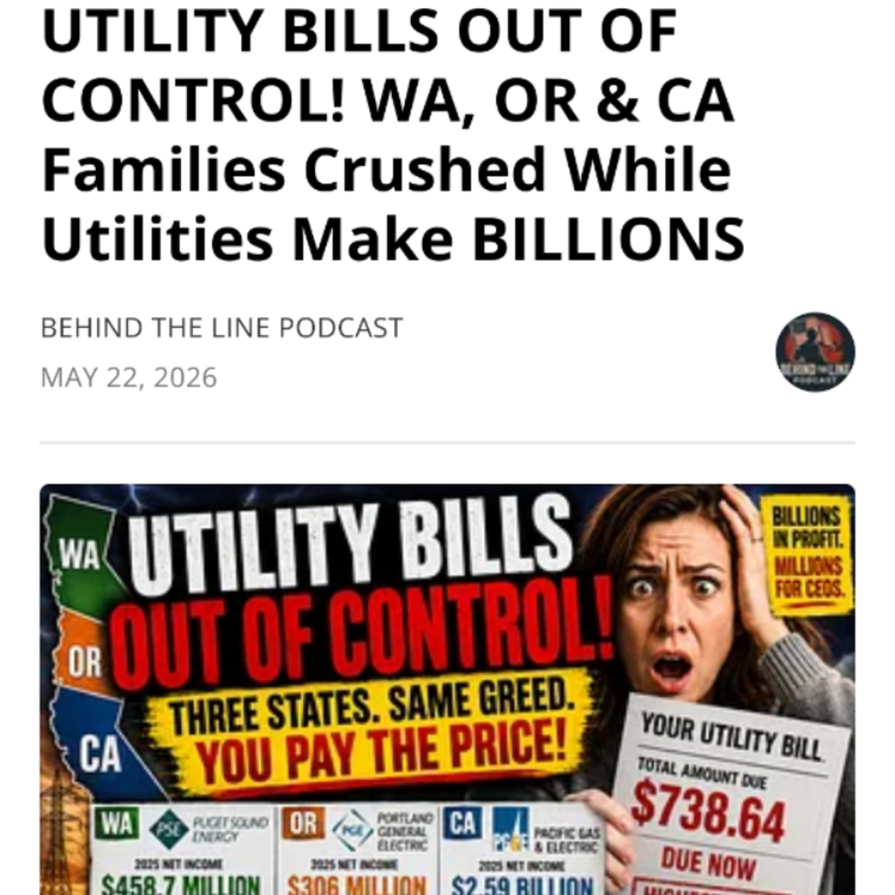 UTILITY BILLS OUT OF CONTROL! WA, OR & CA Families Crushed While Utilities Make BILLIONS episode artwork