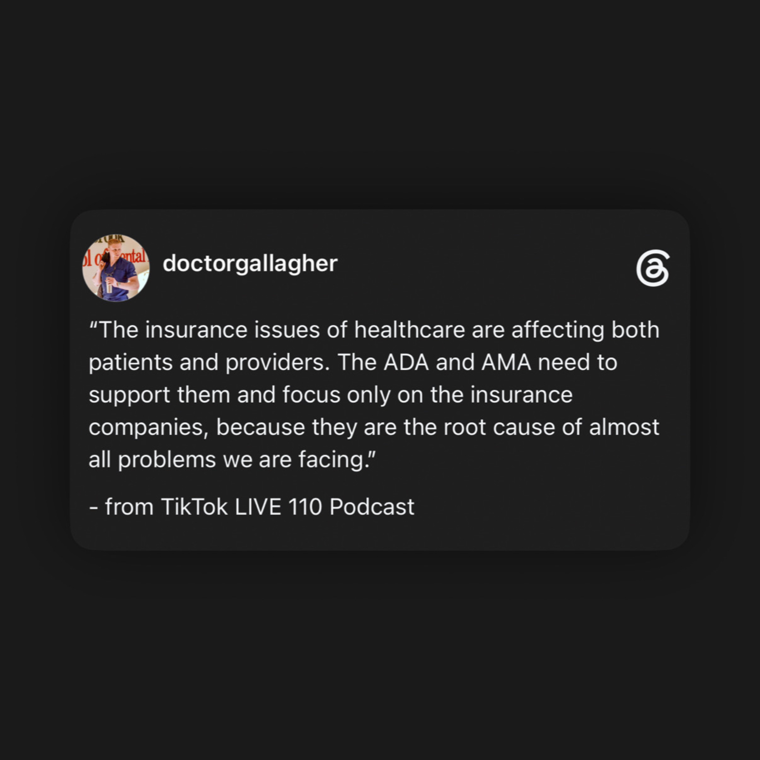 “The insurance issues of healthcare are affecting both patients and providers. …”