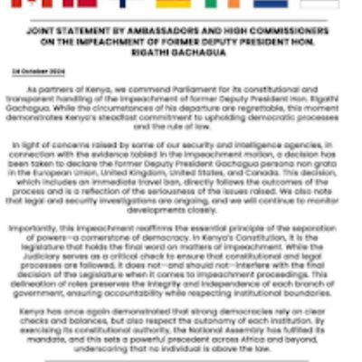 FAKE: This statement purportedly by ambassadors and high commissioners on Rigathi Gachagua’s impeachment is fabricated