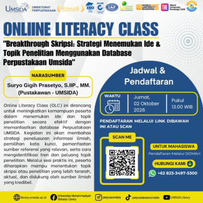 Online Literacy Class (OLC) dengan tema: “Strategi Menemukan Ide & Topik Penelitian Menggunakan Database Perpustakaan UMSIDA”